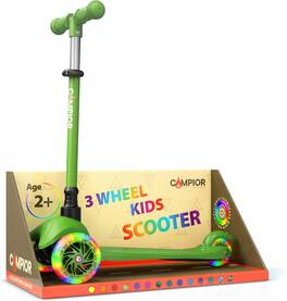 Campior - Mini 3-Wheel Kids Scooter – LED Wheels, Lean-to-Steer, Adjustable Handlebar, Anti-Slip Deck, Rear Brake, for Ages 2+ - Green