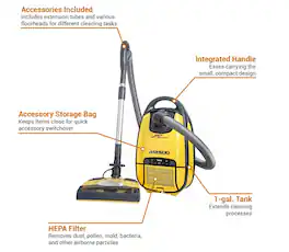 EnviroCare - MR-500 Vento Canister Vacuum – Bagged, Black Electric Powerhead, 1400 W HEPA, 26′ Cord - Yellow