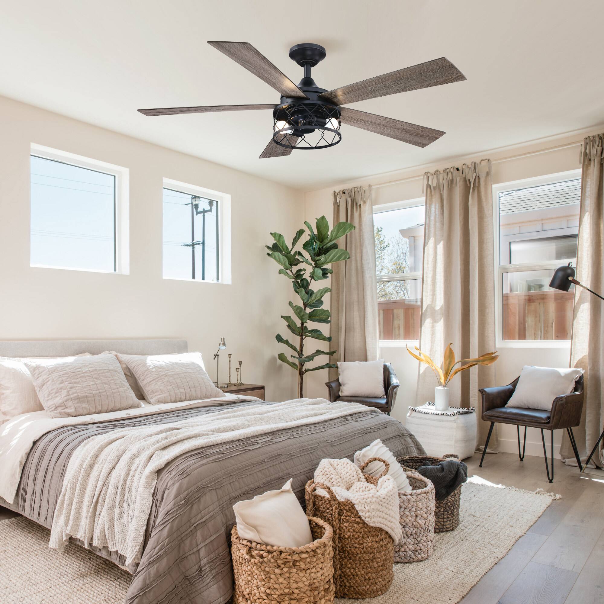 Angle. Parrot Uncle - 52 in. Farmhouse Black Reversible Blades AC Motor Ceiling Fan with Light and Remote - Black.