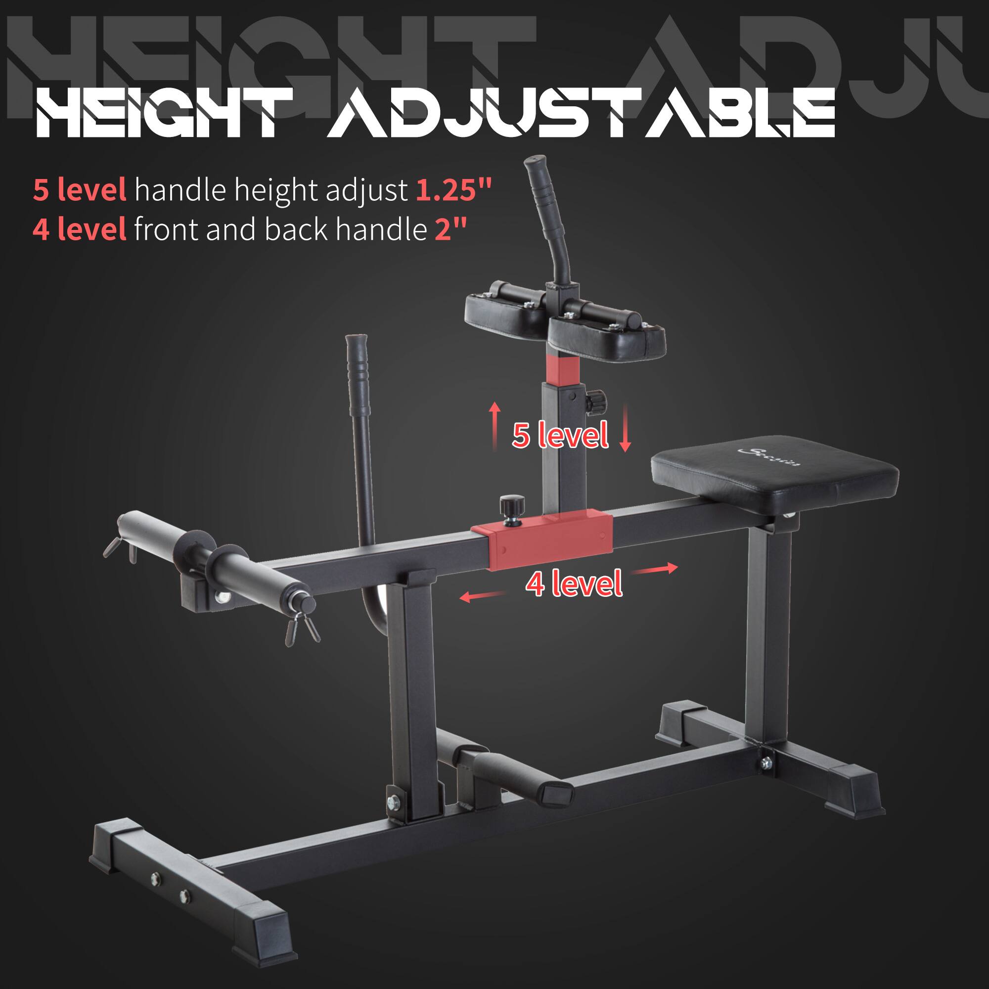 HEIGHT ADJUSTABLE
5 level handle height adjust 1.25"
4 level front and back handle 2"