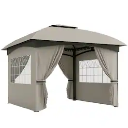 Outsunny - 11' x 11' Outdoor Gazebo, Arc Patio Gazebo Canopy Shelter, UV Protected, with Curtains, Church Windows - Light Gray