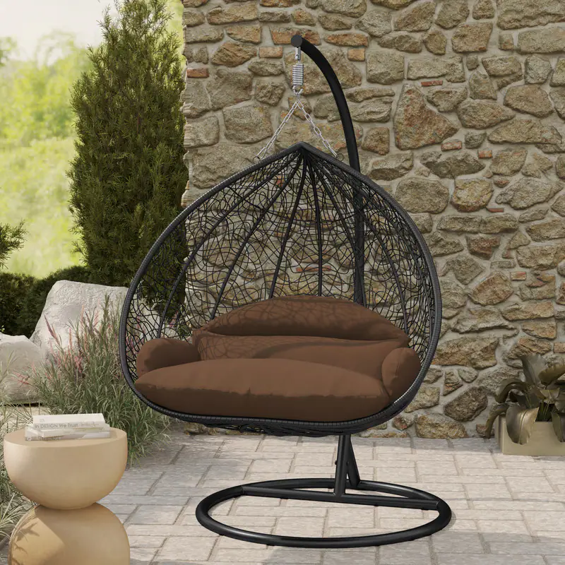 Back. LeisureMod - Recluse Modern Wicker Teardrop Hanging Egg Chair with Stand - Outdoor Indoor Swing Chair & Cushion - Brown.
