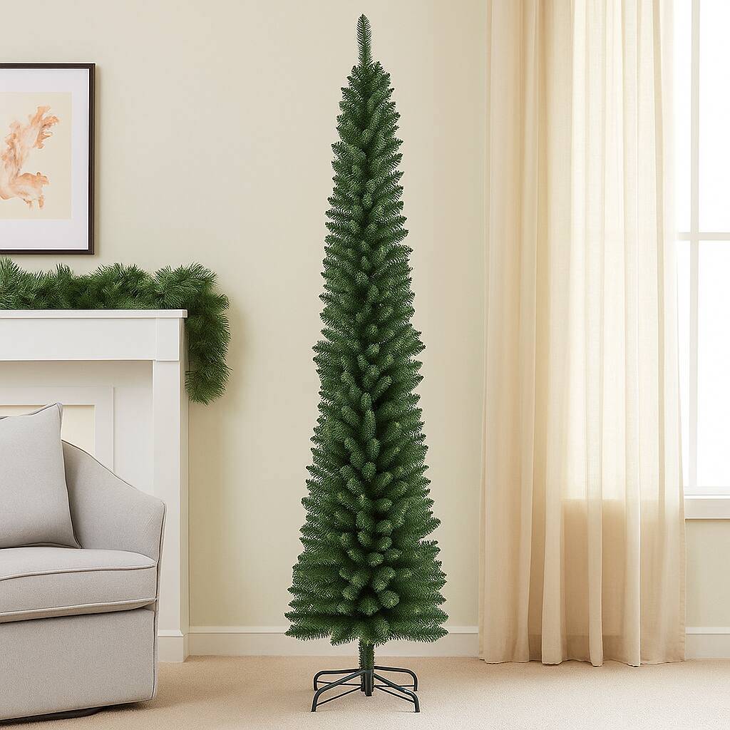Front. BreeBe - Artificial Slim Tree – 5/6/7/8ft Pencil Style with Memory Branches - Green.