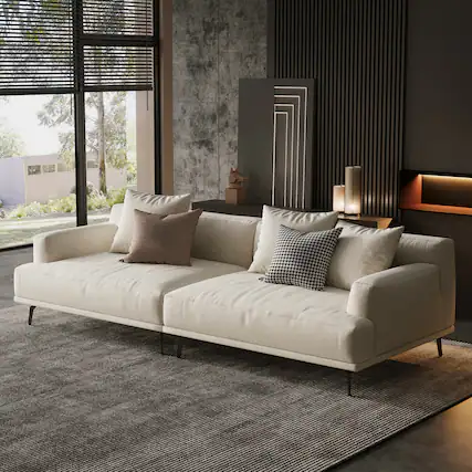 Front. luck idea - 110.2" Breathable Cotton-Linen Fabric Sofa, Solid Wood Frame, High-Elastic Sponge Seat Cushion - Light Beige.