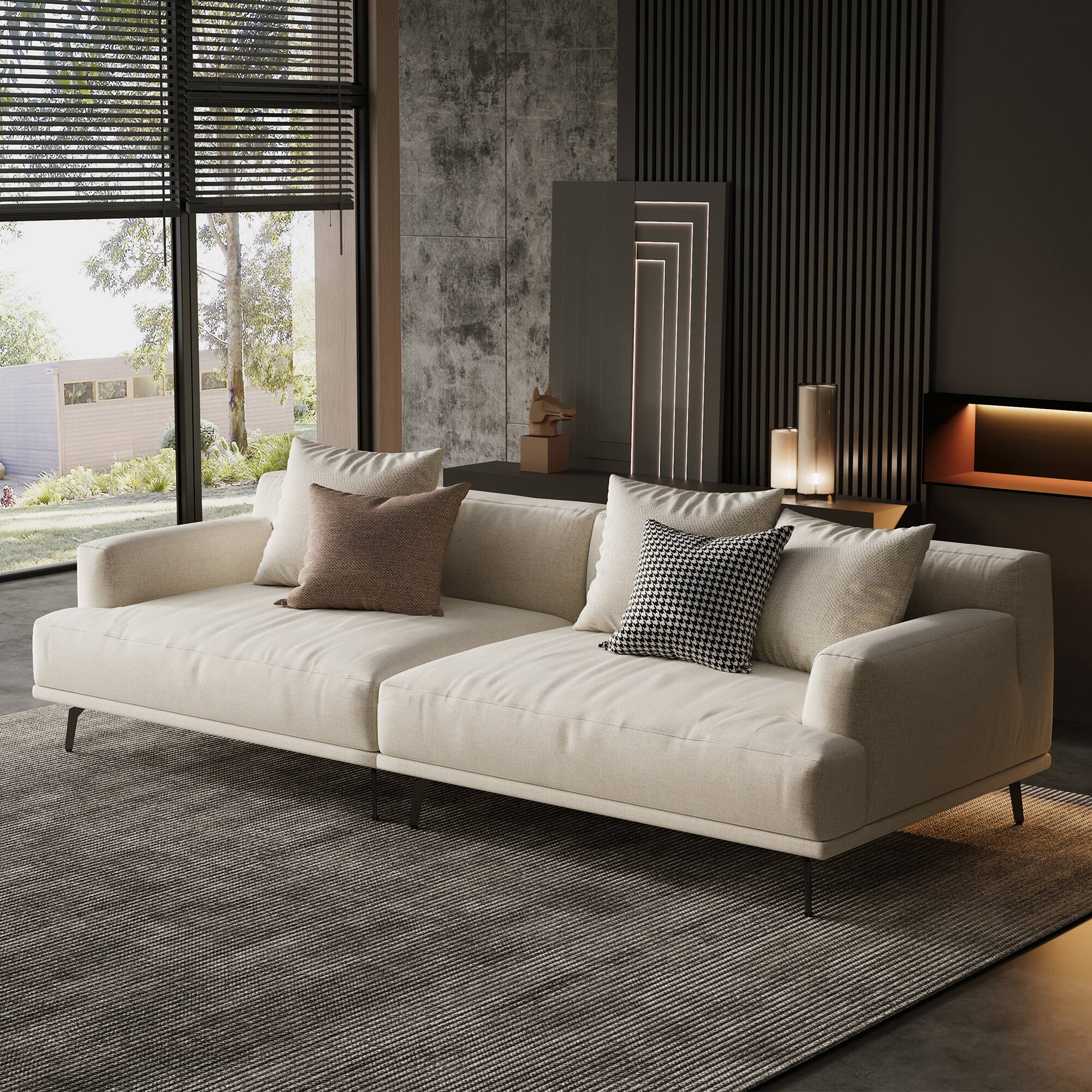 Front. luck idea - 110.2" Breathable Cotton-Linen Fabric Sofa, Solid Wood Frame, High-Elastic Sponge Seat Cushion - Light Beige.