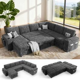 Dyonery - 110" Modular Sectional Sleeper Sofa with Pull Out Bed, 7 Seat L Shaped with Reclining Backrest,Chenille Gray - Gray