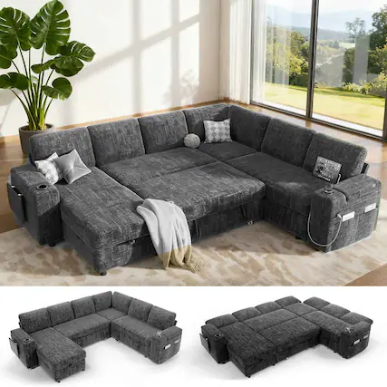 Front. Dyonery - Dyonery 110" Modular Sectional Sleeper Sofa with Pull Out Bed, 7 Seat L Shaped with Reclining Backrest,Chenille Gray - Gray.