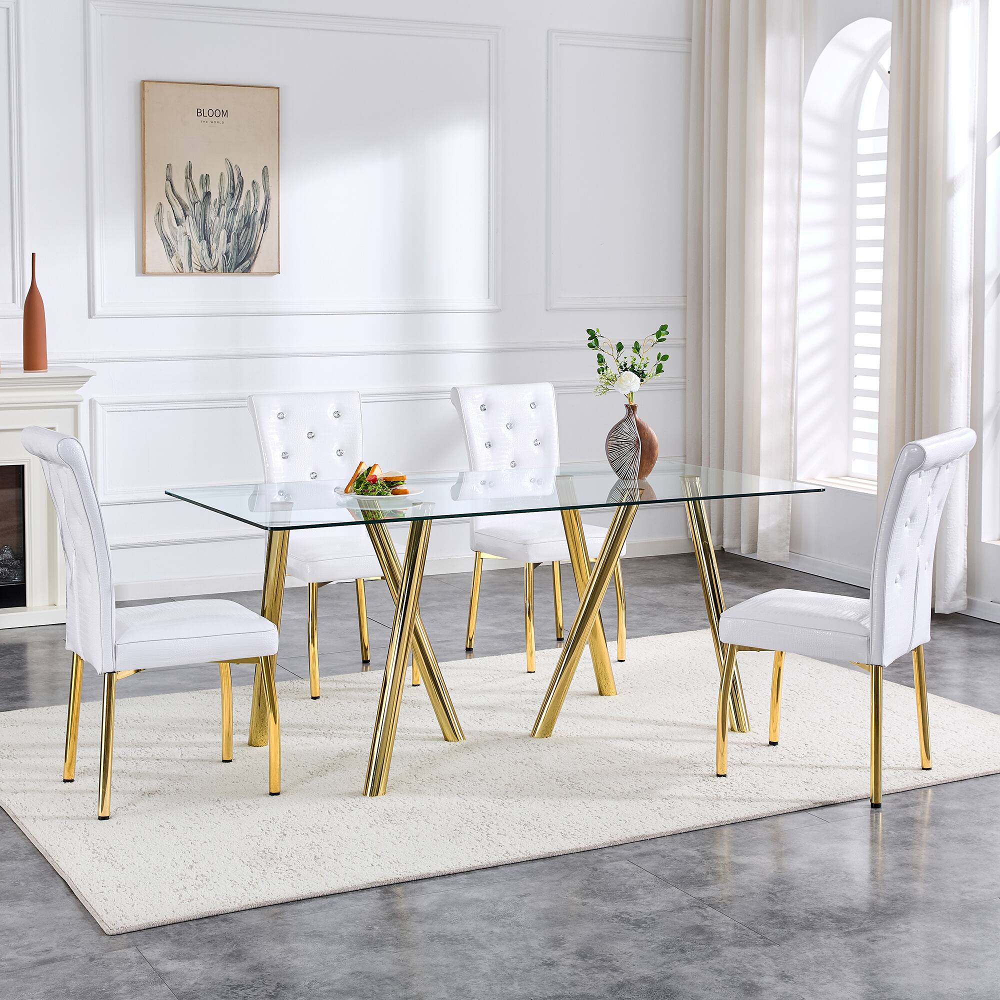 Alt View 2. Loheer - Loheer- 5.9 Ft Modern Tempered Glass Dining Table with Sturdy Metal Legs for Large Family - Gold.
