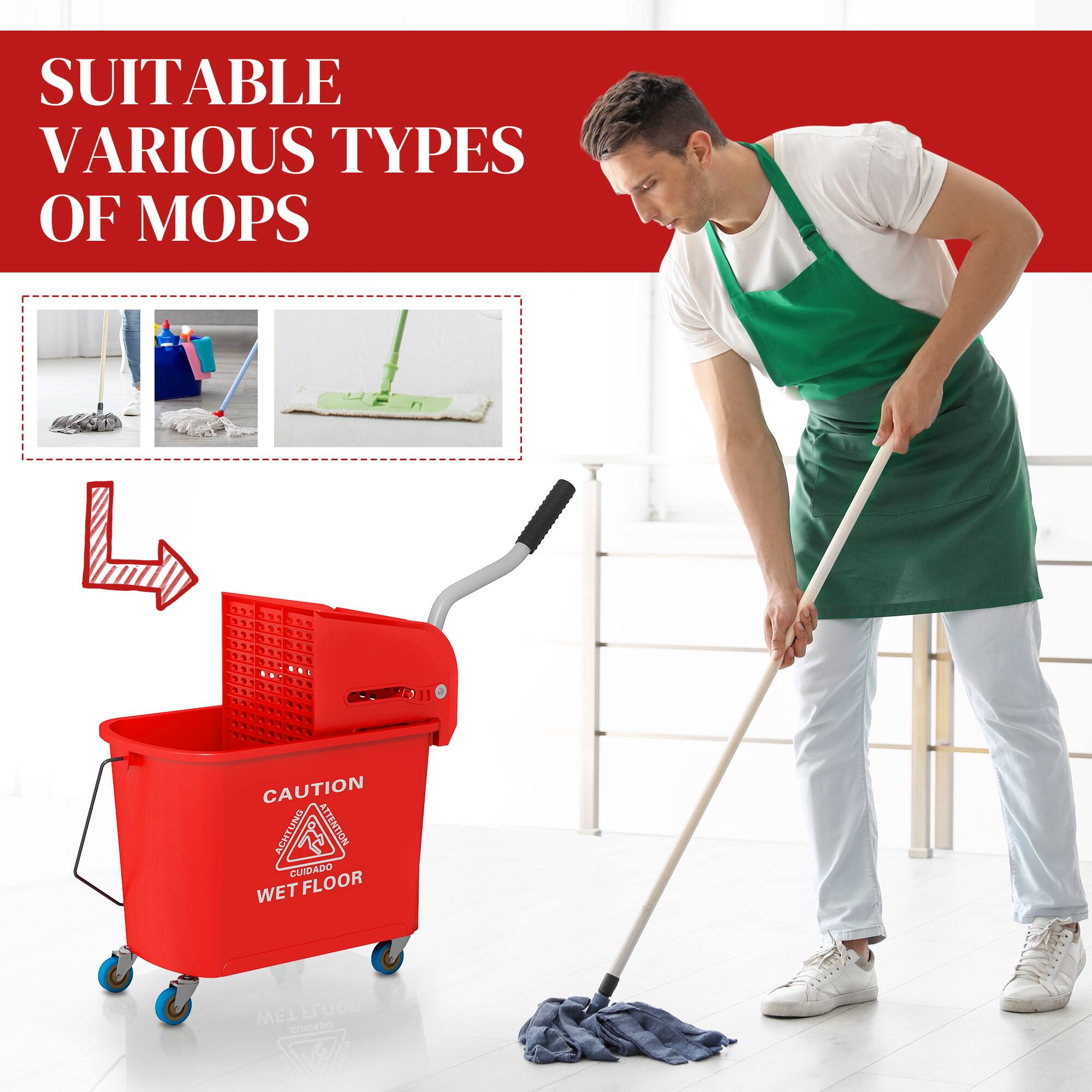 SUITABLE VARIOUS TYPES OF MOPS - CAUTION WET FLOOR