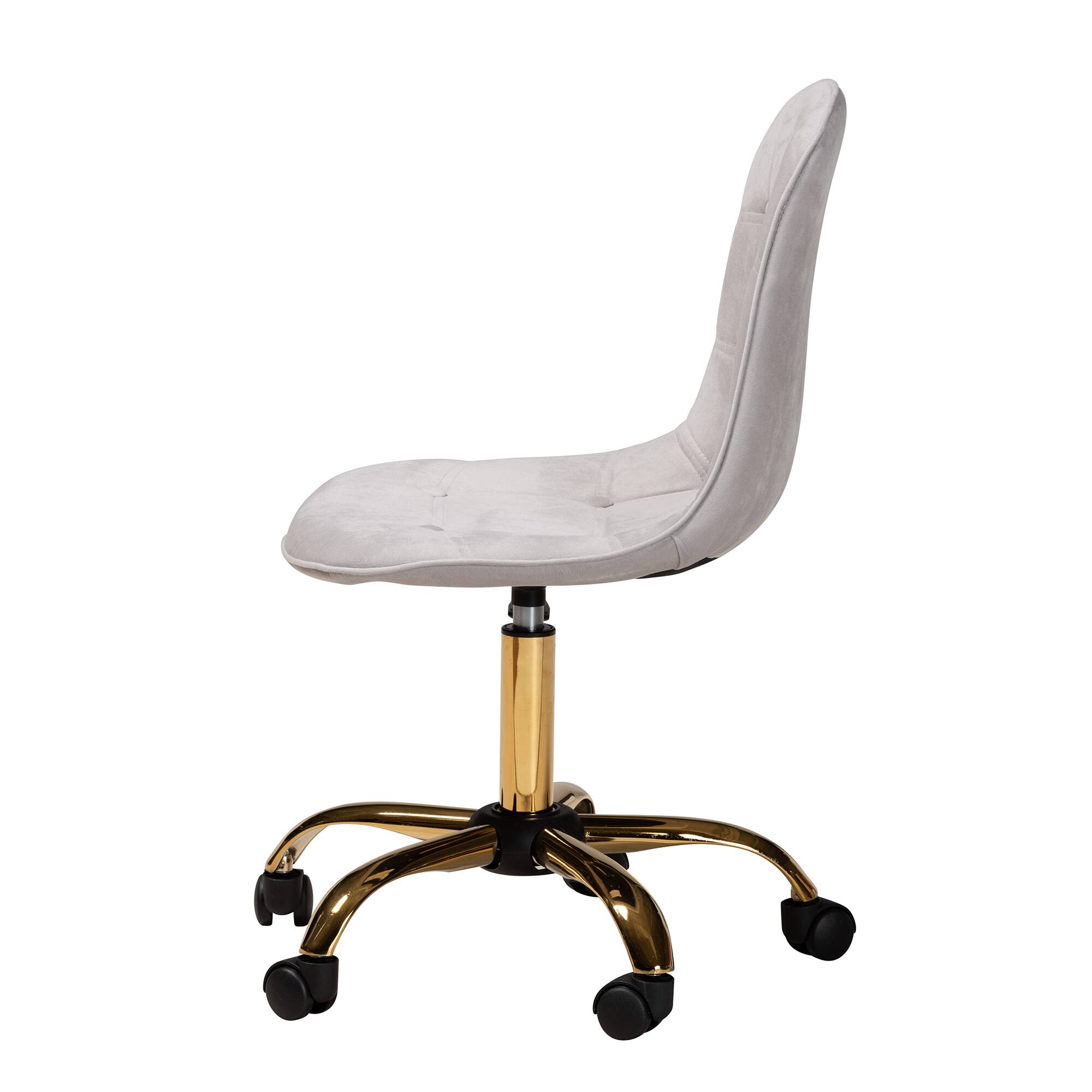 Left. Baxton Studio - Kabira Contemporary Glam and Luxe Velvet Fabric and Metal Swivel Office chair - Grey/Gold.
