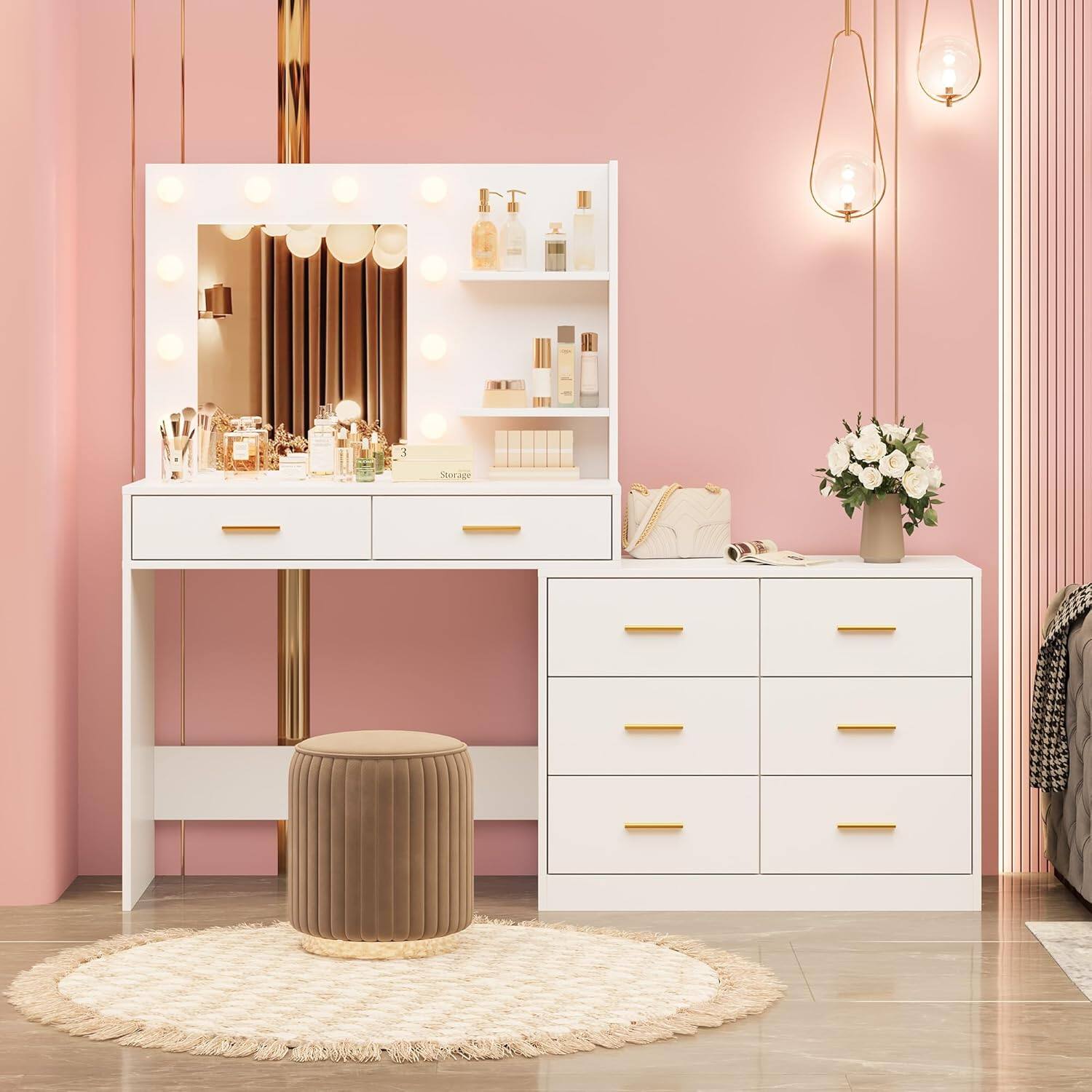 Front. GARVEE - 61" Vanity Desk with Mirror and Lights, 8 Drawers & 2 Shelves, 3 Lighting Modes - white.