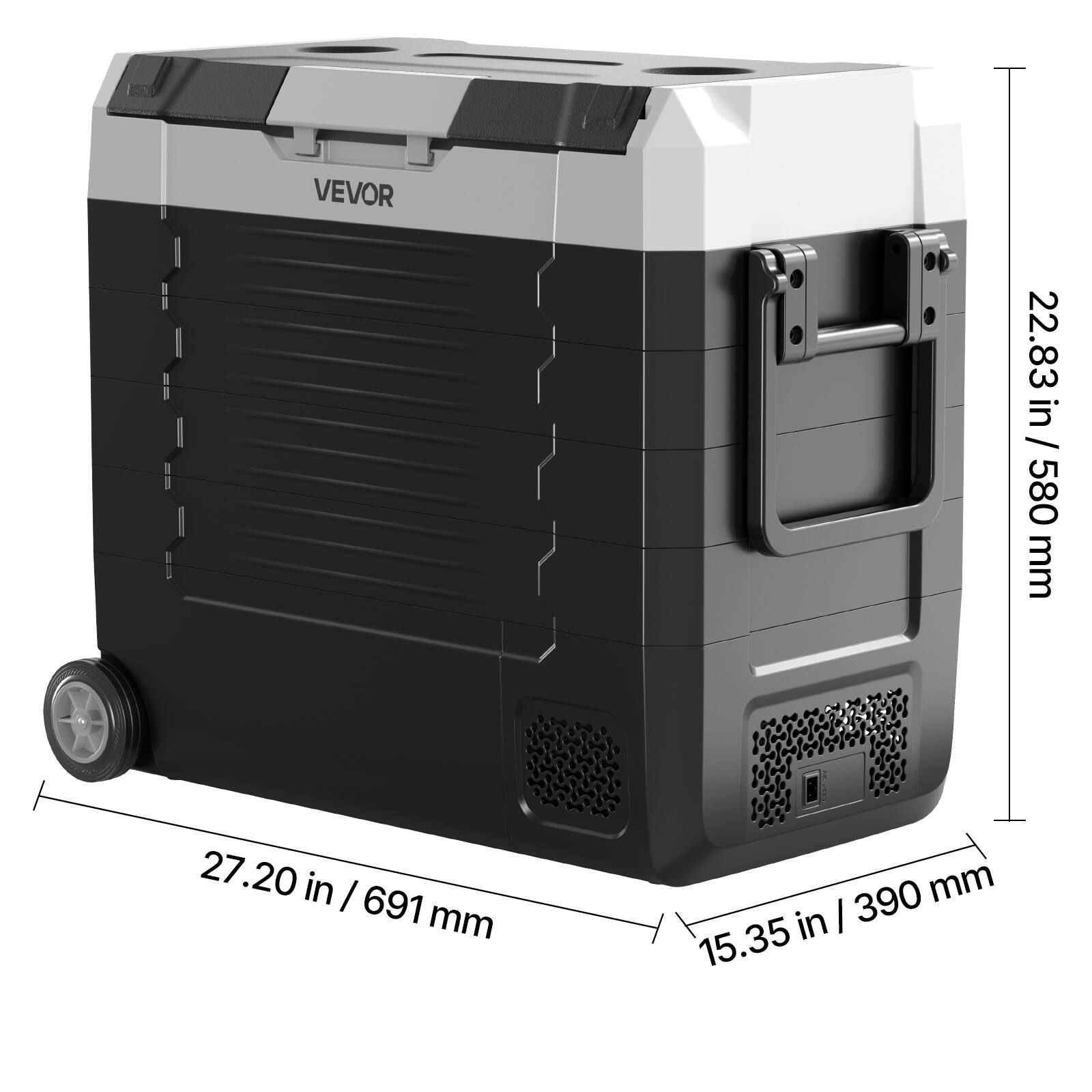 VEVOR  
22.83 in / 580 mm  
27.20 in / 691 mm  
15.35 in / 390 mm