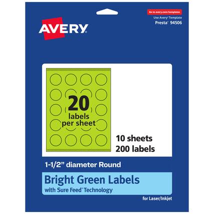 Go to avery.com/templates
AVERY
Use Avery™ Template Presta® 94506
20 labels per sheet
10 sheets 200 labels
1-1/2" diameter Round
Bright Green Labels with Sure Feed® Technology for Laser/Inkjet