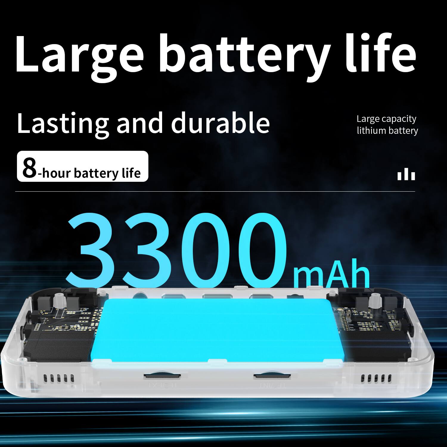 Large battery life and durable, Lasting and durable, Large capacity lithium battery, 8-hour battery life, 3300 mAh