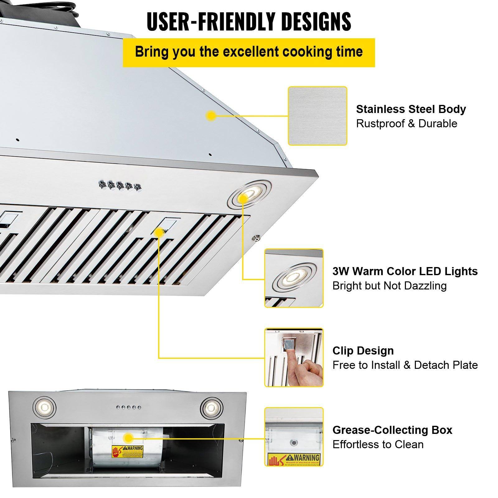 USER-FRIENDLY DESIGNS  
Bring you the excellent cooking time

- Stainless Steel Body  
  Rustproof & Durable

- 3W Warm Color LED Lights  
  Bright but Not Dazzling

- Clip Design  
  Free to Install & Detach Plate

- Grease-Collecting Box  
  Effortless to Clean
