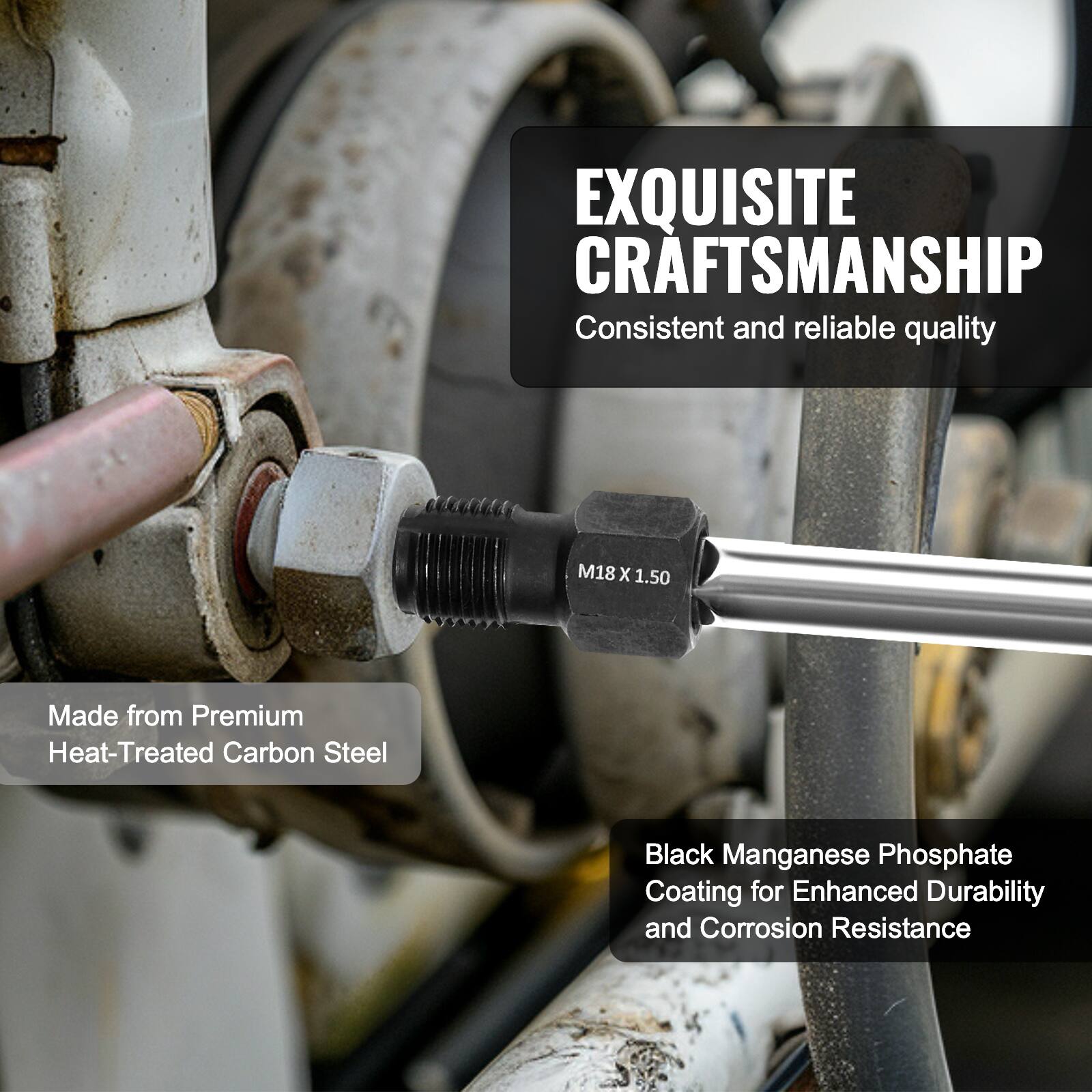 EXQUISITE CRAFTSMANSHIP  
Consistent and reliable quality  

Made from Premium Heat-Treated Carbon Steel  

Black Manganese Phosphate Coating for Enhanced Durability and Corrosion Resistance  

M18 X 1.50