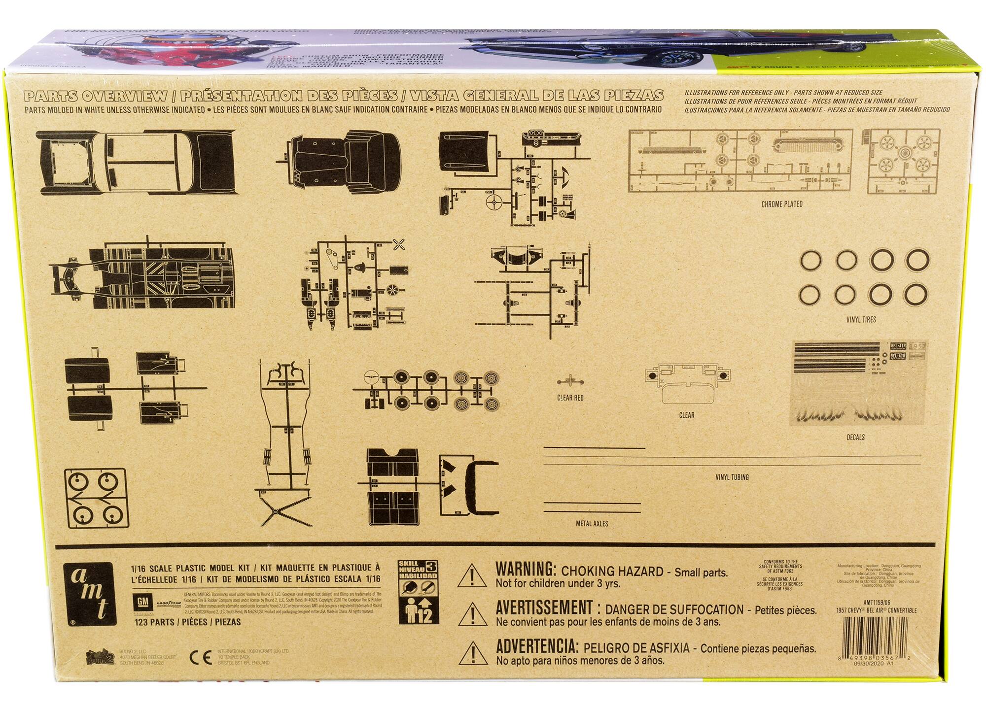 **Parts Overview / Presentation de Pièces / Vista General de las Piezas**

- Parts molded in white unless otherwise indicated - Les pièces sont moulées en blanc sauf indication contraire - Piezas modeladas en blanco menos que se indique lo contrario
- Illustrations for reference only - Parts shown at reduced size - Ilustraciones de referencia solamente - Piezas mostradas en tamaño reducido

**1/16 Scale Plastic Model Kit / Kit Maquette en Plastique à l'échelle 1/16 / Kit de Modelismo de Plástico a Escala 1/16**

- Chrome Plated
- Vinyl Tires
- Clear Red Decals
- Vinyl Tubing
- Metal Axles
- Clear
- Decals

**Warning: Choking Hazard - Small parts. Not for children under 3 yrs. / Avertissement: Danger de suffocation - Petites pièces. Ne convient pas pour les enfants de moins de 3 ans. / Advertencia: Peligro de asfixia - Contiene piezas pequeñas. No apto para niños menores de 3 años.**

**Skill Level: 3 / Nivel de Maqu
