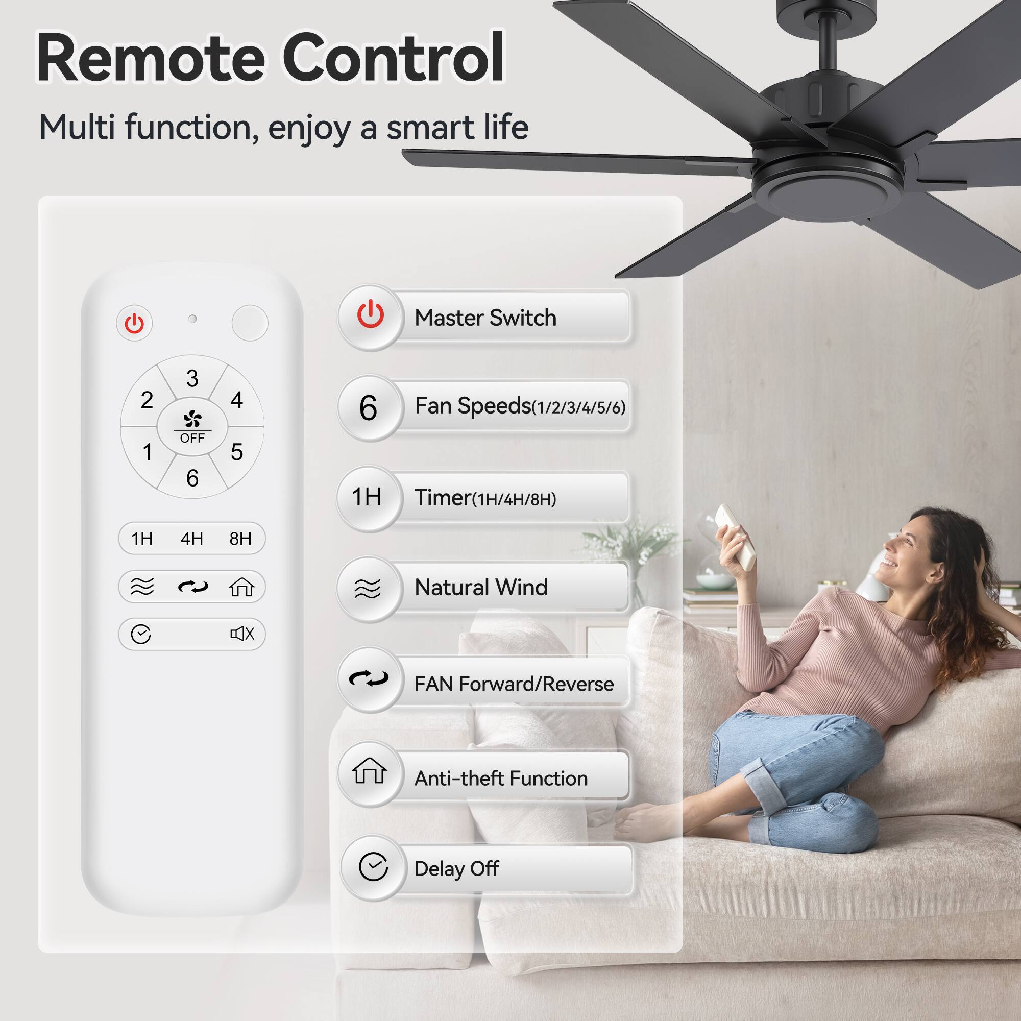 Remote Control  
Multi function, enjoy a smart life  

- Master Switch  
- Fan Speeds (1/2/3/4/5/6)  
- Timer (1H/4H/8H)  
- Natural Wind  
- FAN Forward/Reverse  
- Anti-theft Function  
- Delay Off