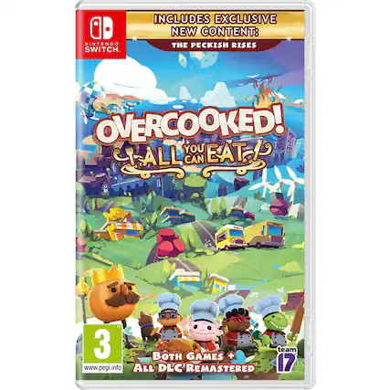 NINTENDO SWITCH
INCLUDES EXCLUSIVE NEW CONTENT: THE PECKISH RISES
OVERCOOKED! YOU CAN EAT!
3 BOTH GAMES + ALL DLC REMASTERED
www.pegi.info - T (Teen 13+)