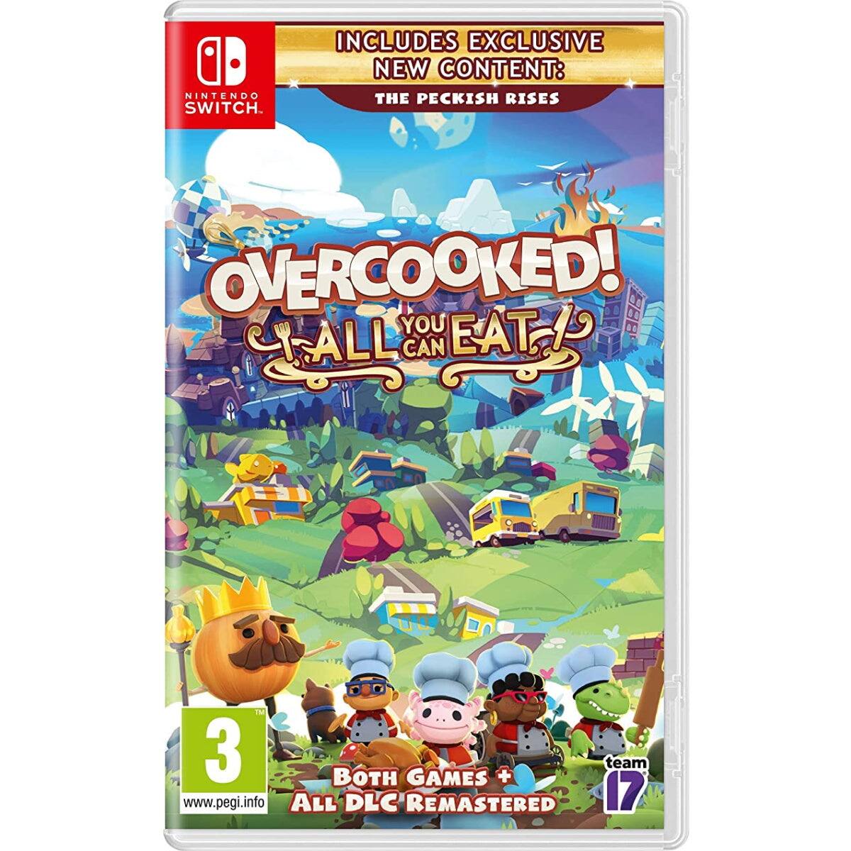 NINTENDO SWITCH  
INCLUDES EXCLUSIVE NEW CONTENT: THE PECKISH RISES  
OVERCOOKED! YOU CAN EAT!  
3 BOTH GAMES + ALL DLC REMASTERED  
www.pegi.info - T (Teen 13+)