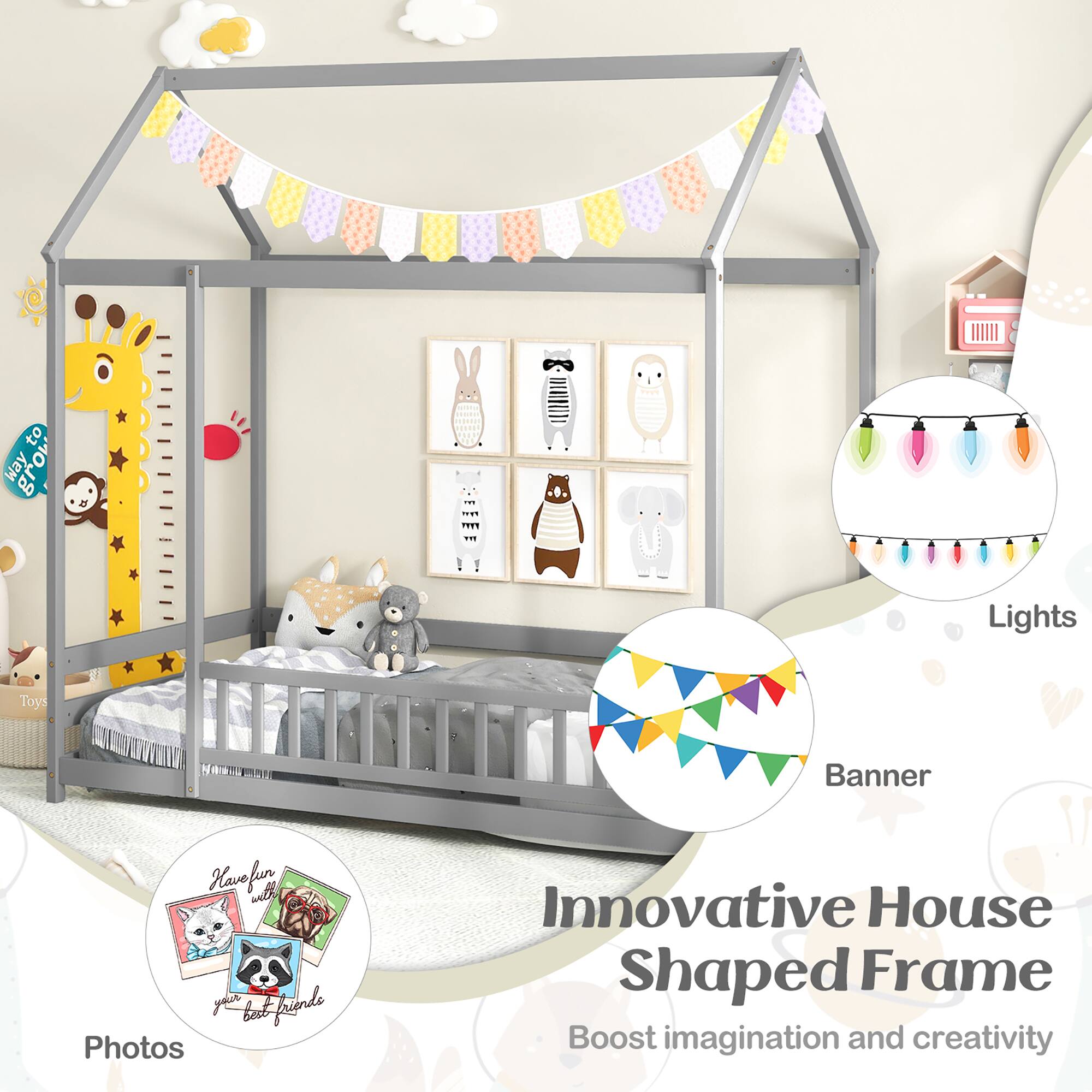Have fun with your best friends, Toys, Lights, Banner, Innovative House Shaped Frame, Boost imagination and creativity