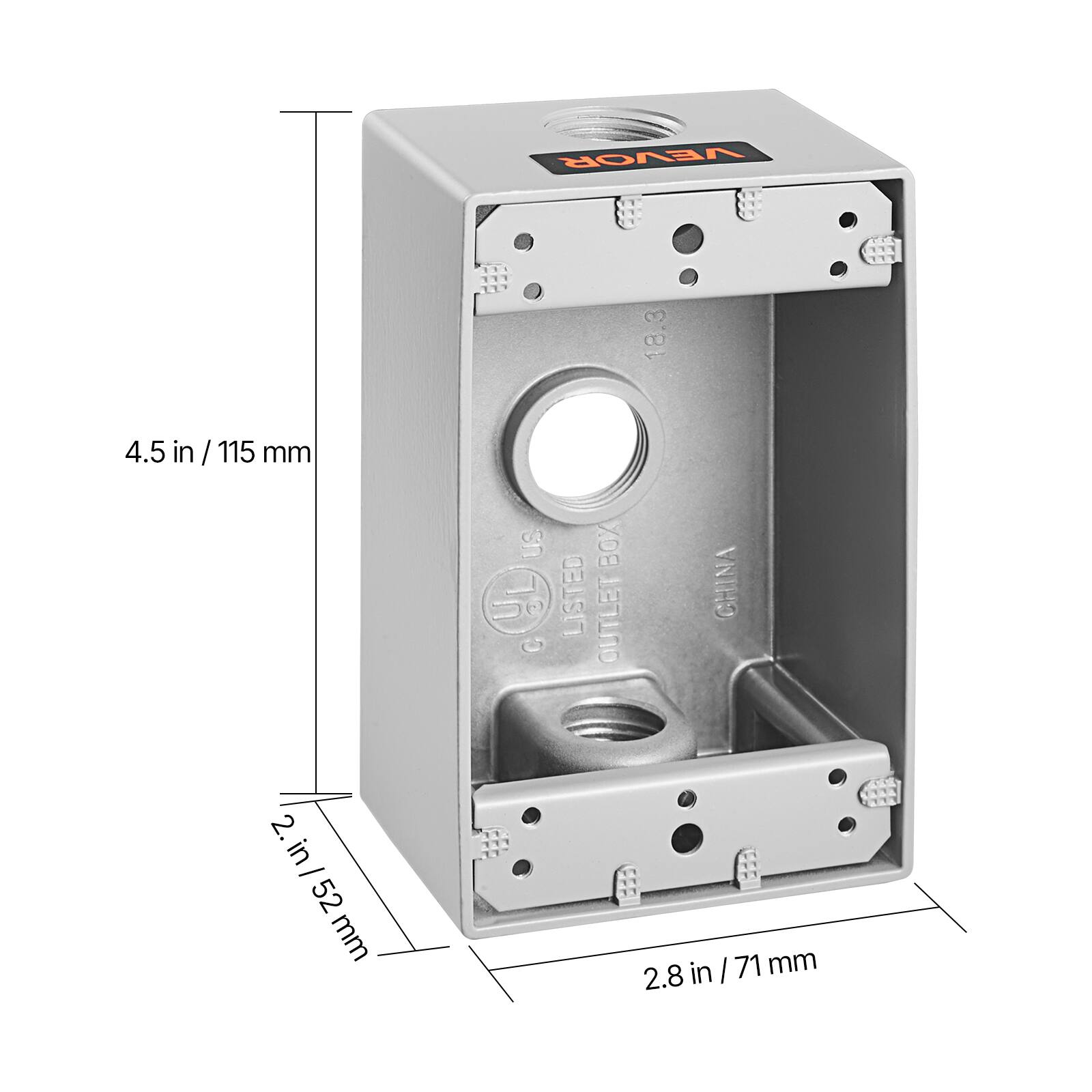 VEVOR EEE 111 18.3 TO 111 4.5 in / 115 mm US BOX 5C LISTED OUTLET C CHINA 2. in - 2.in/52mm 52 mm in/71 in I 71 mm 2.8