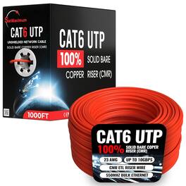 Cables Direct Online - Cat6 23AWG 1000FT Solid Bare Copper CMR ETL Riser Rated Cable, 550MHz Bulk Ethernet Wire with PoE Support - Red