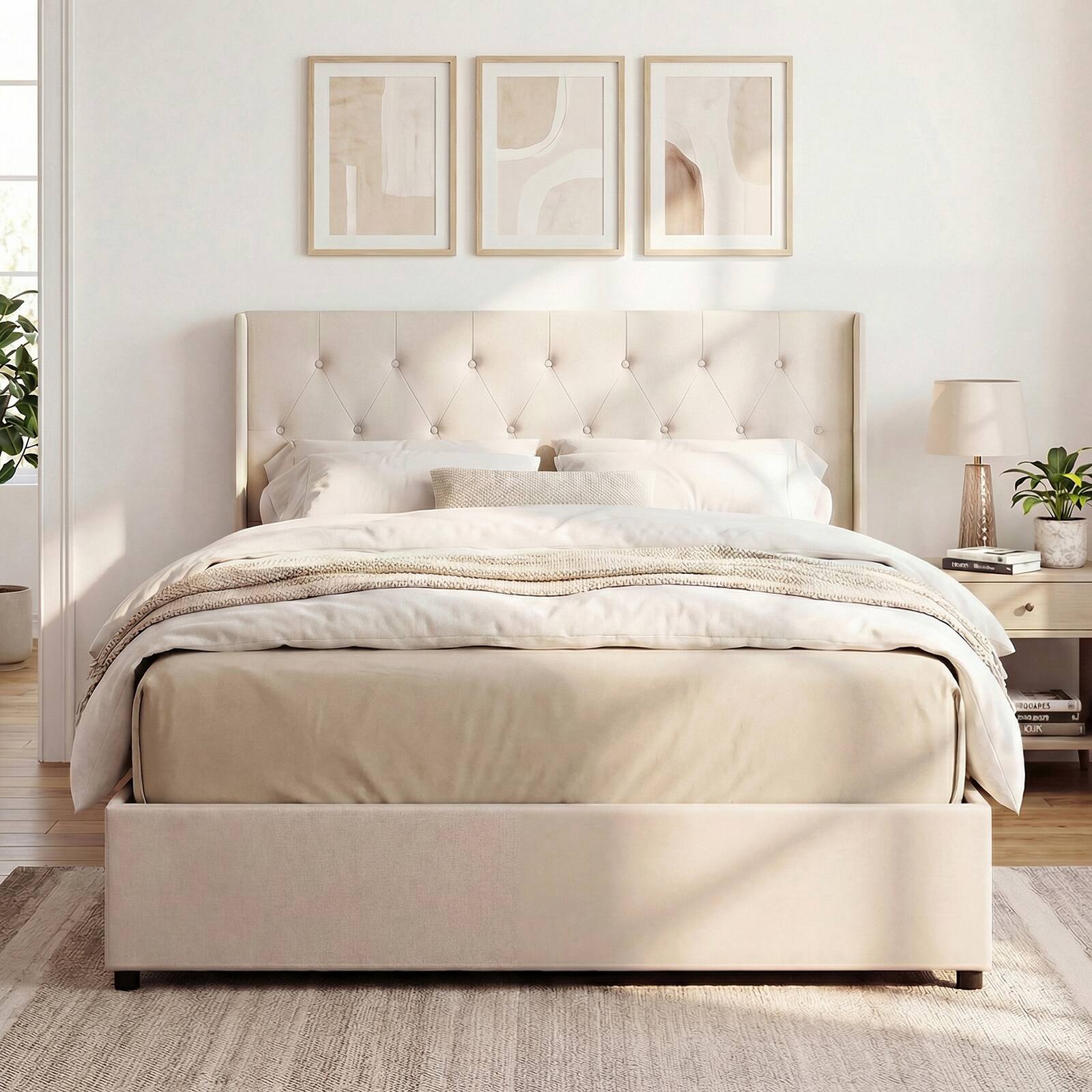 Alt View 3. Gymax - Gymax Queen Size Lift-up Storage Bed w/Tufted Wingback Headboard Hydraulic Lifts Beige - Beige.