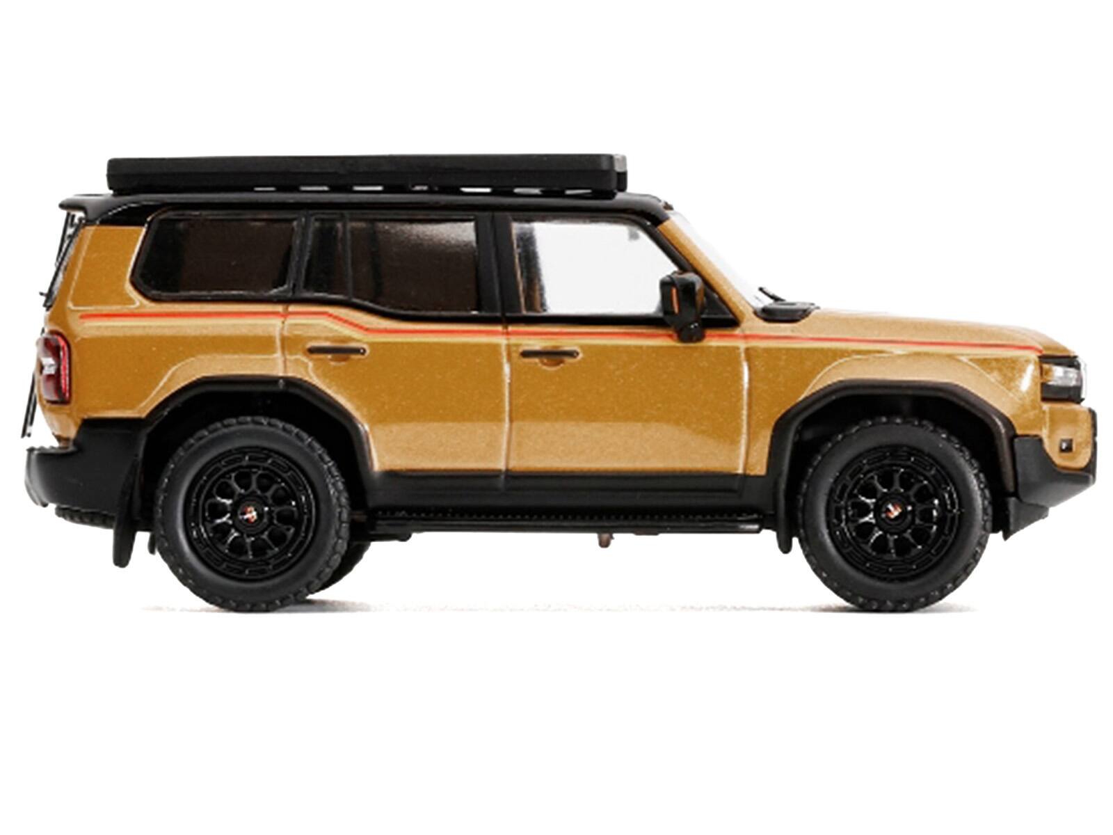 Alt View 1. GCD - 2024 Toyota Land Cruiser Prado Gold Metallic with Red Stripes and Roof Rack 1/64 Diecast Model Car by GCD.