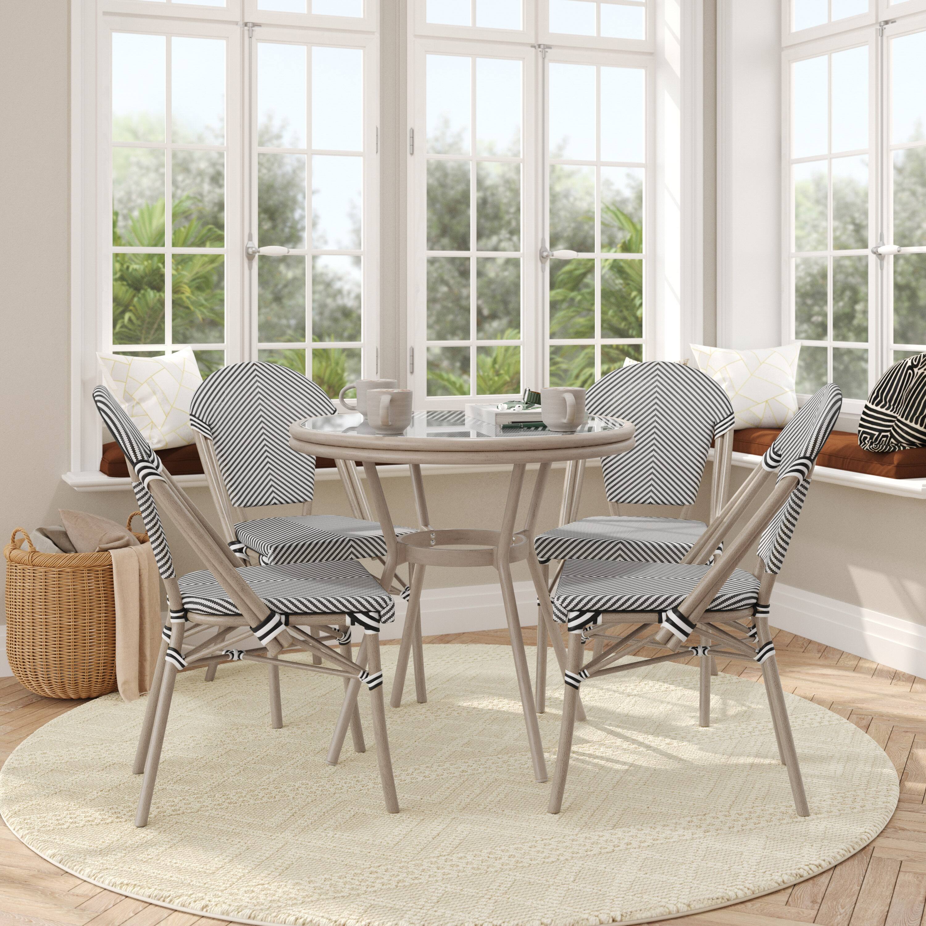 Angle. Flash Furniture - Marseille Indoor/Outdoor Commercial Bistro 31.5" Table, Black/White Textilene, Glass Top with 4 Stack Chairs - Light Nat - Black.