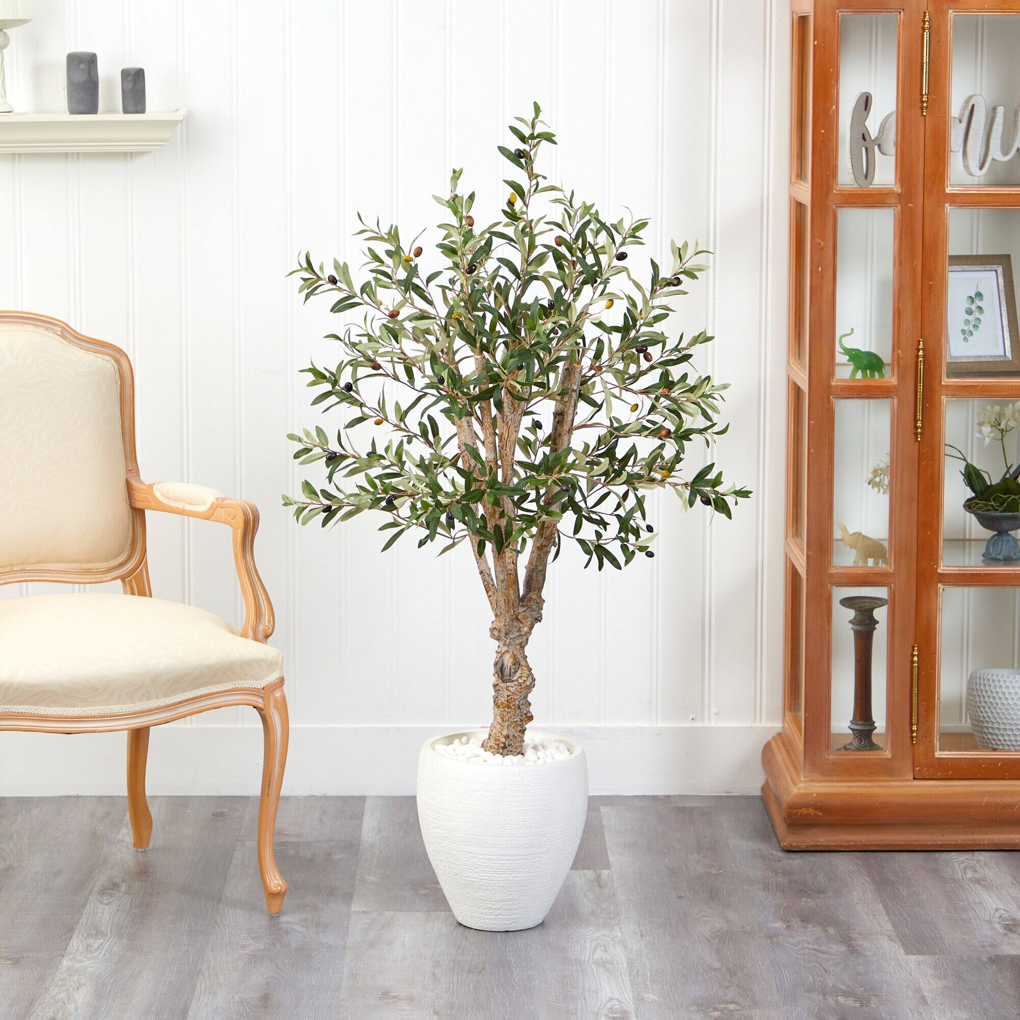Left. BreeBe - 53" Olive Artificial Tree in White Planter - Multicolor.