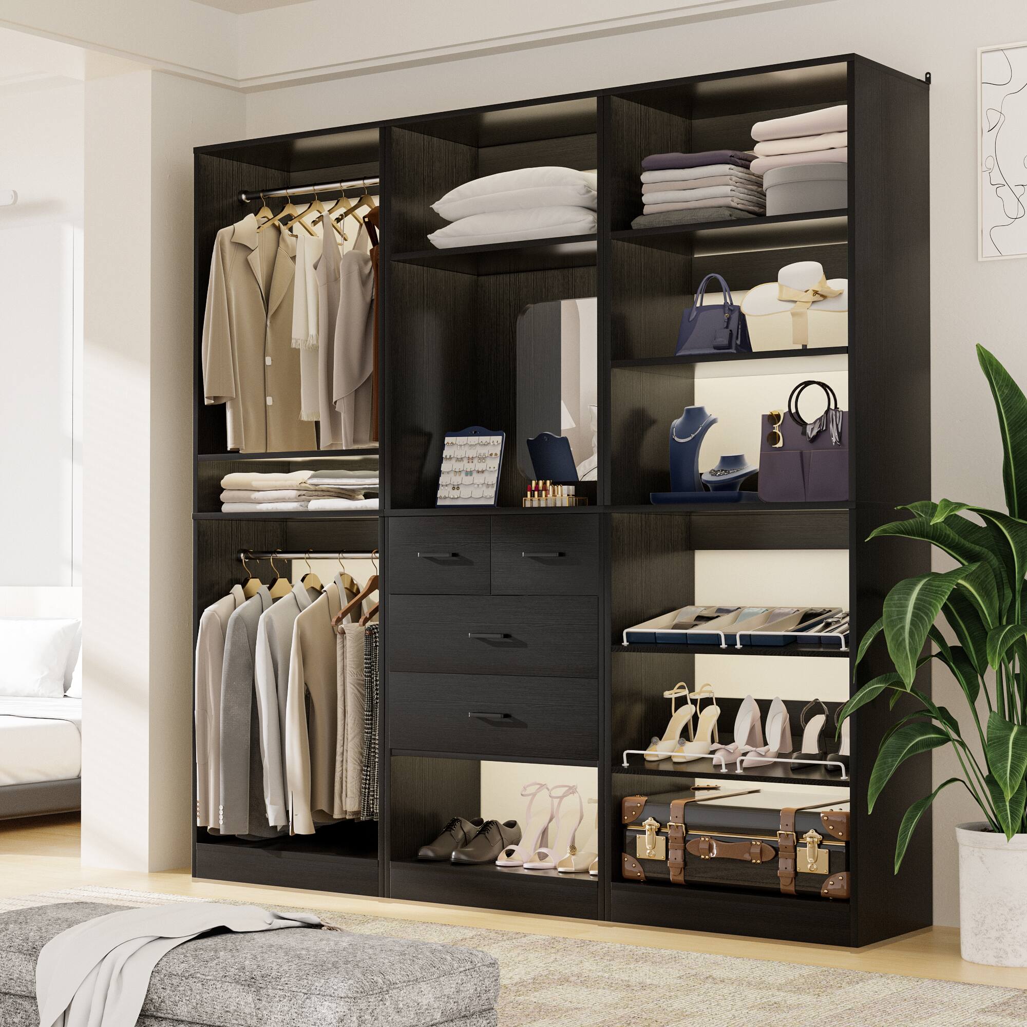 Alt View 3. Aheaplus - 75'' Wide Walk-in Closet Organizer System, All-in-One Storage System with Drawers, Hanging Rods and Shelves - Black.