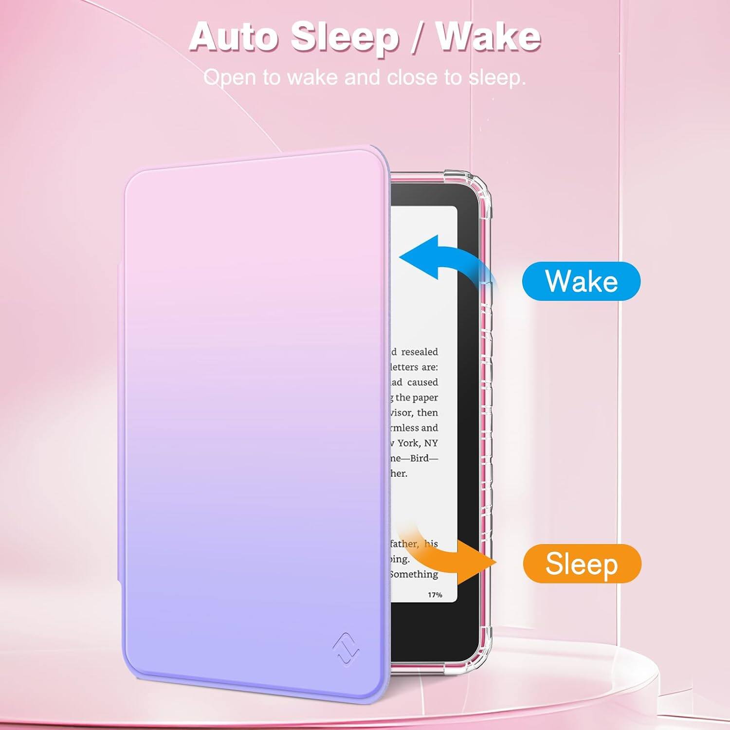 Auto Sleep/Wake  
Open to wake and close to sleep.  

Wake  
d resealed letters are: ad caused g the paper visor, then mless and York, NY ne-Bird- her.  

Sleep  
father, his ing. Something 17%