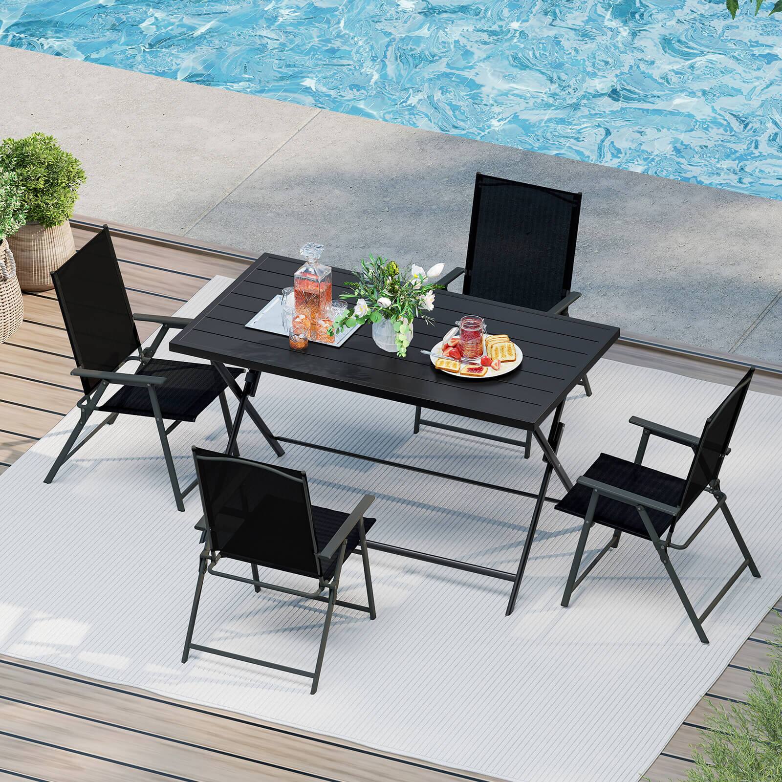 Alt View 4. Costway - Costway 5 PCS Foldable Outdoor Dining Set,Large Rectangular Metal Table 4 Mesh Armchairs - Black.