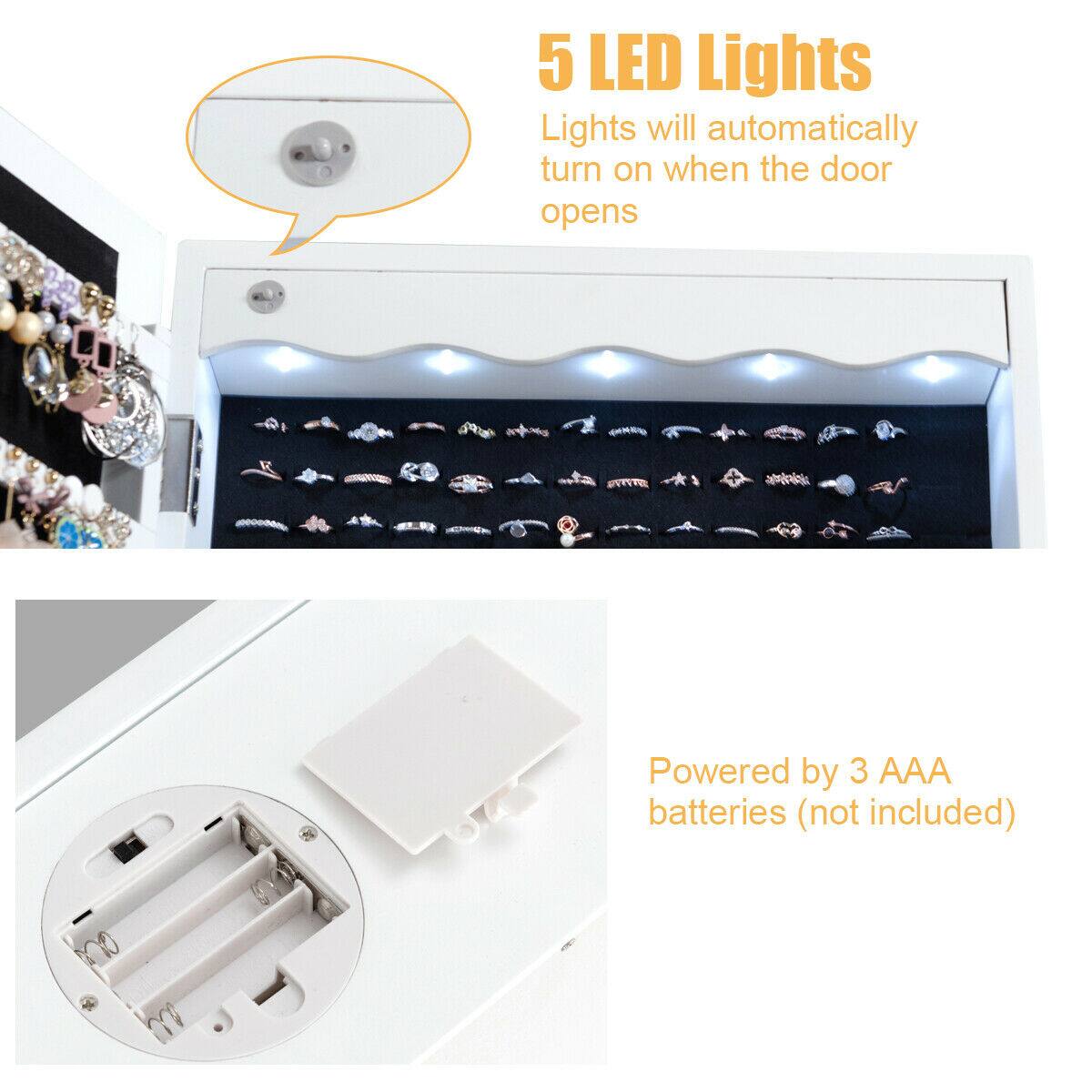 5 LED Lights  
Lights will automatically turn on when the door opens  

Powered by 3 AAA batteries (not included)