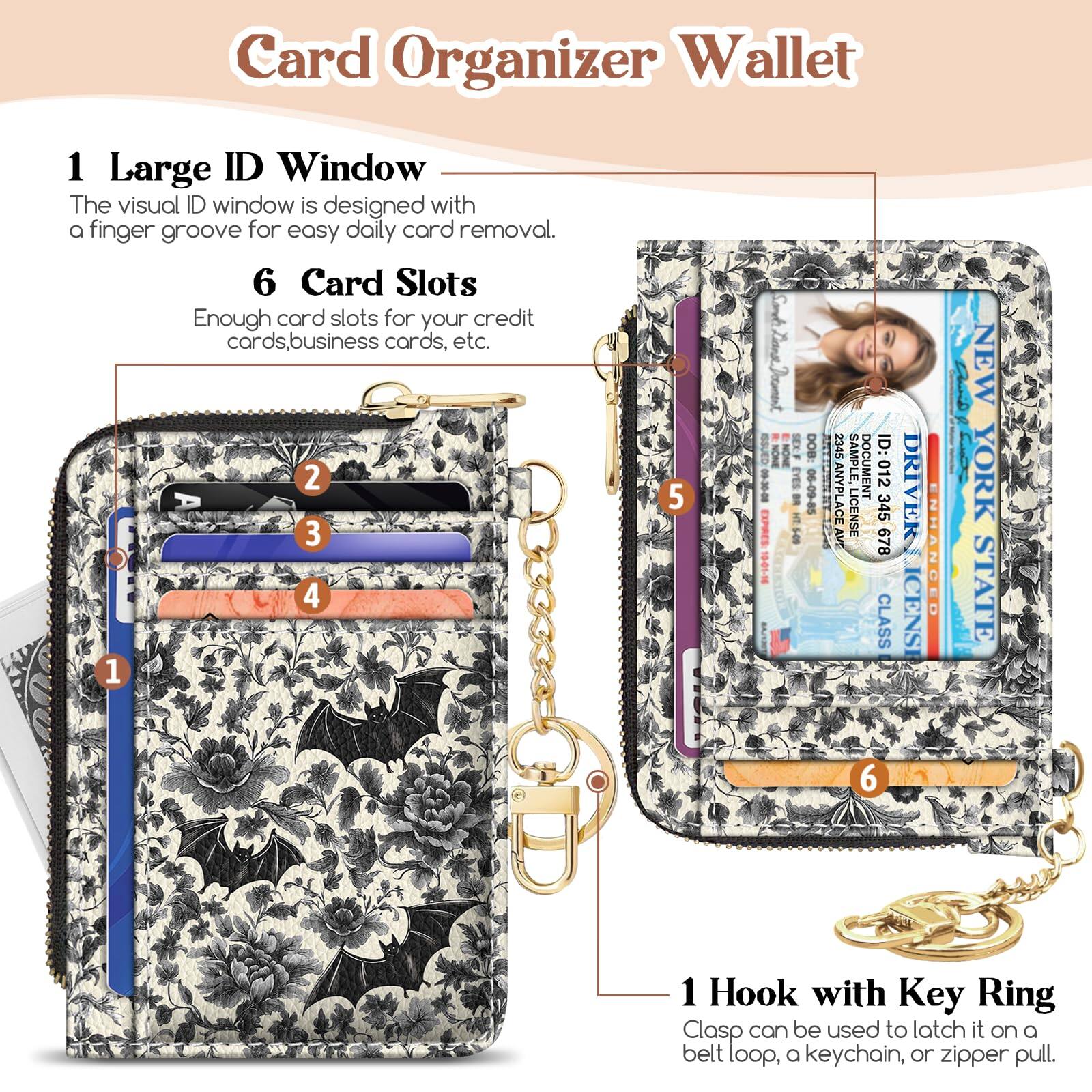 Alt View 1. Jadie Link - Slim Wallet Credit Card Holder Women Goth Bat Rfid Blocking Small Case Keychain Thin Pocket Curved Zipper Travel Leather - Black Cat Book.