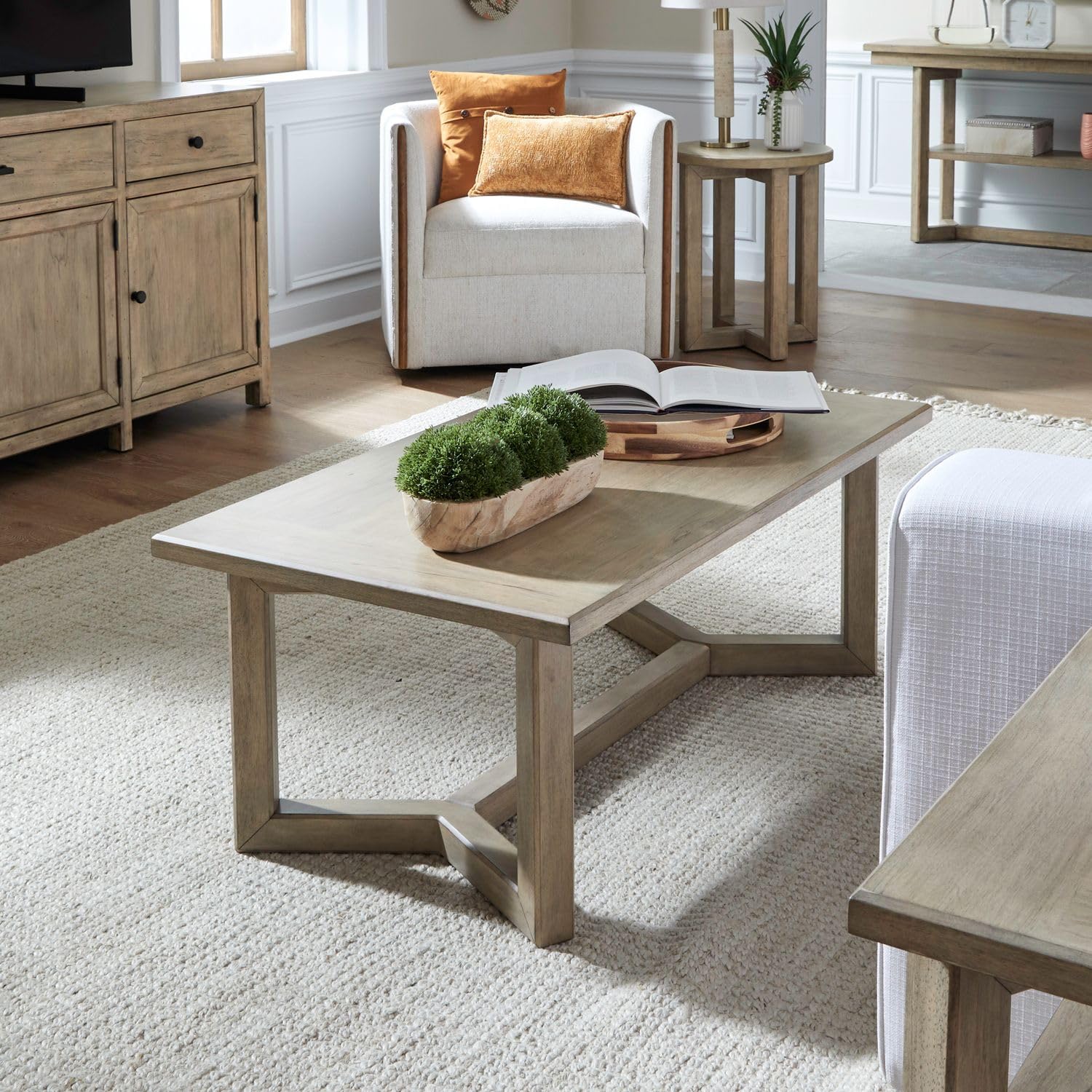 Alt View 4. Liberty Furniture Industries - Living Room Rectangular Cocktail Table Center Trestle - Barley Buff Birch Wood - Barley Buff.