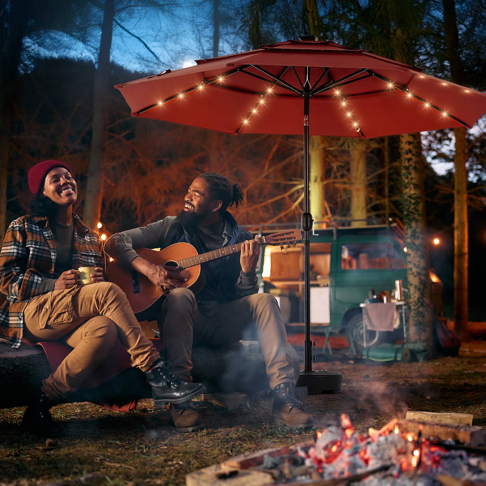 Back. AENKYO - 10FT 3-Tier Solar Patio Umbrella with 32 LED Lights, Outdoor Umbrellas with Push Button Tilt and Crank - Red.