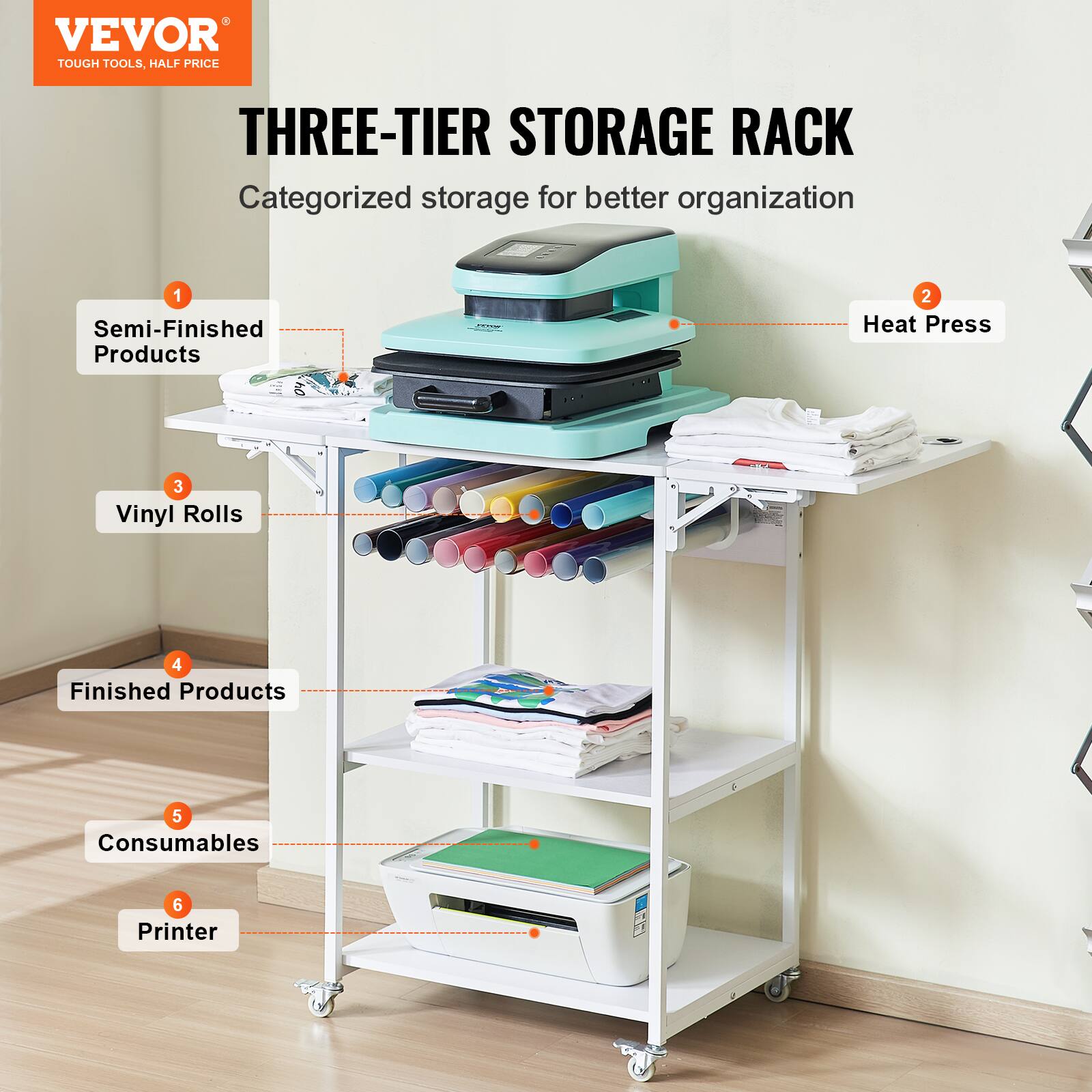 VEVOR  
TOUGH TOOLS, HALF PRICE  

THREE-TIER STORAGE RACK  
Categorized storage for better organization  

1. Semi-Finished Products  
2. Heat Press  
3. Vinyl Rolls  
4. Finished Products  
5. Consumables  
6. Printer