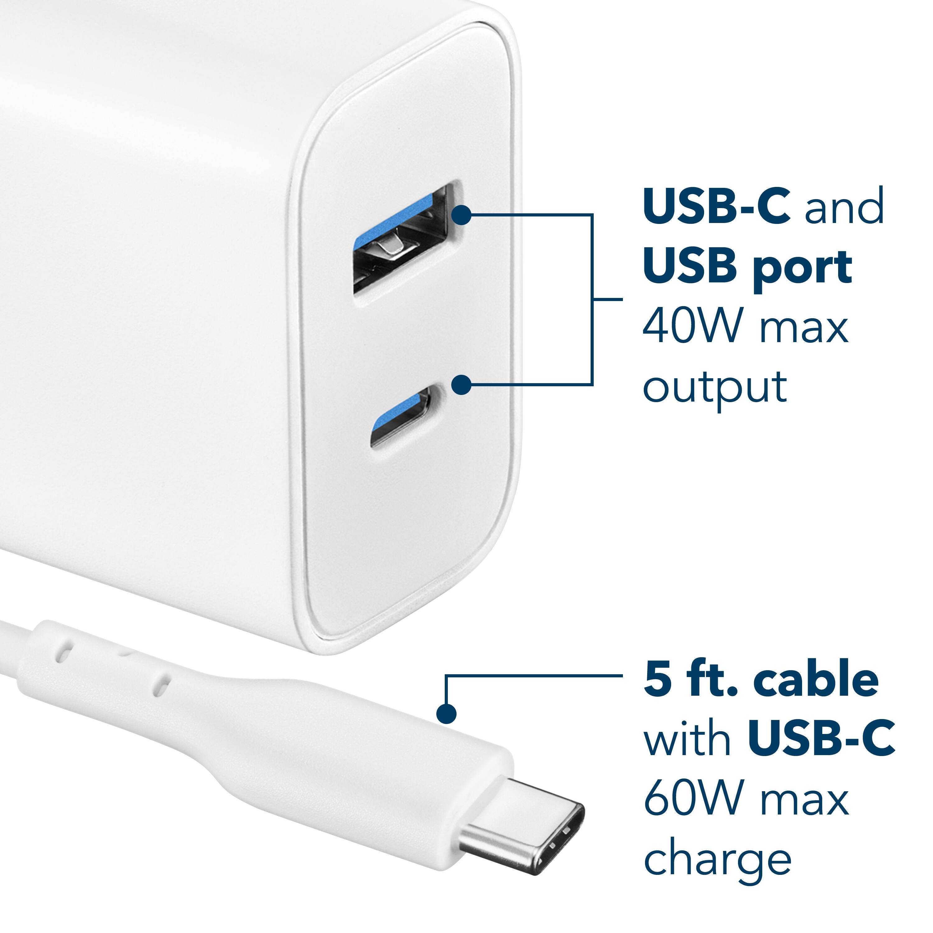USB-C and USB port 40W max output  
5 ft. cable with USB-C 60W max charge