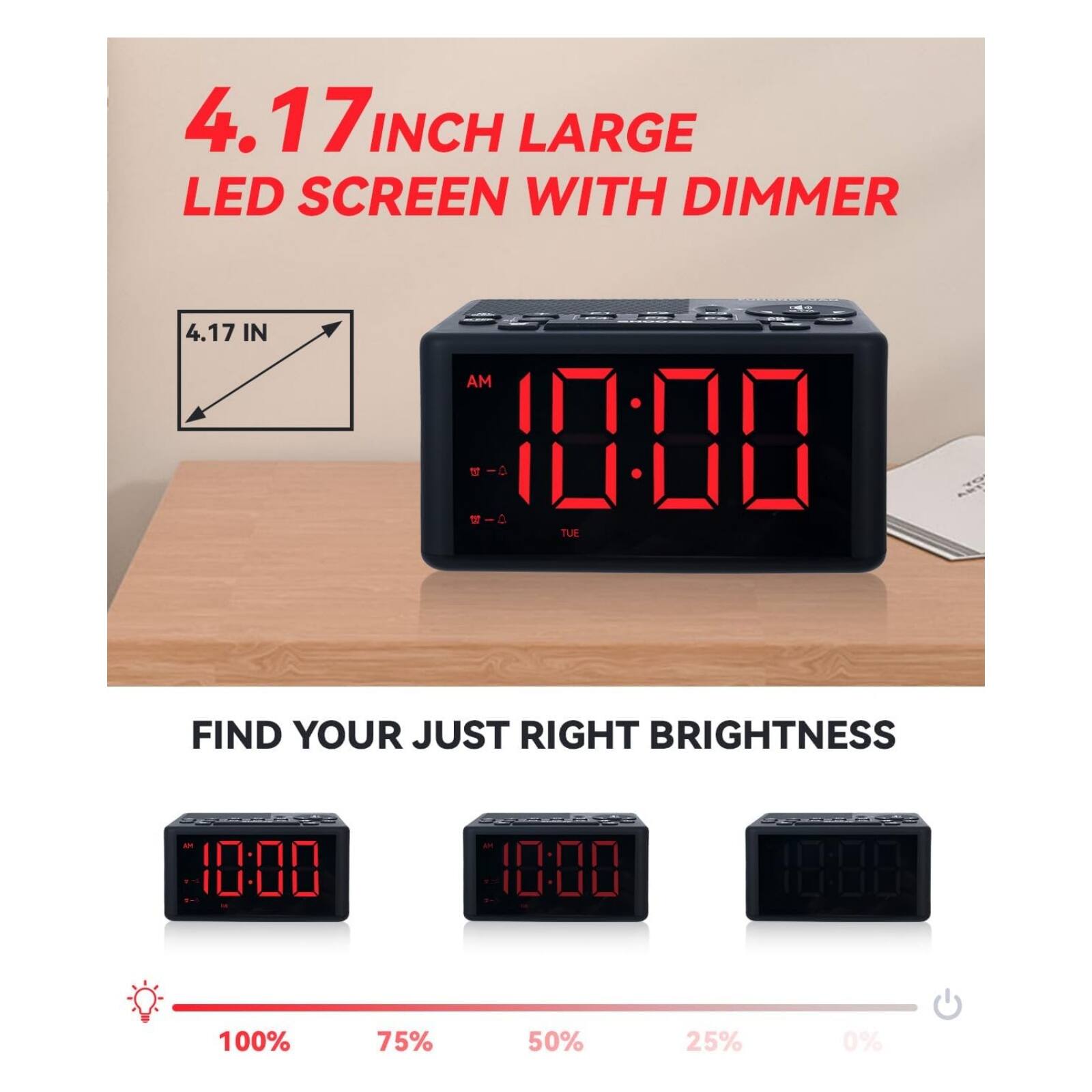 4.17 INCH LARGE LED SCREEN WITH DIMMER

FIND YOUR JUST RIGHT BRIGHTNESS

100% 75% 50% 25% 0%