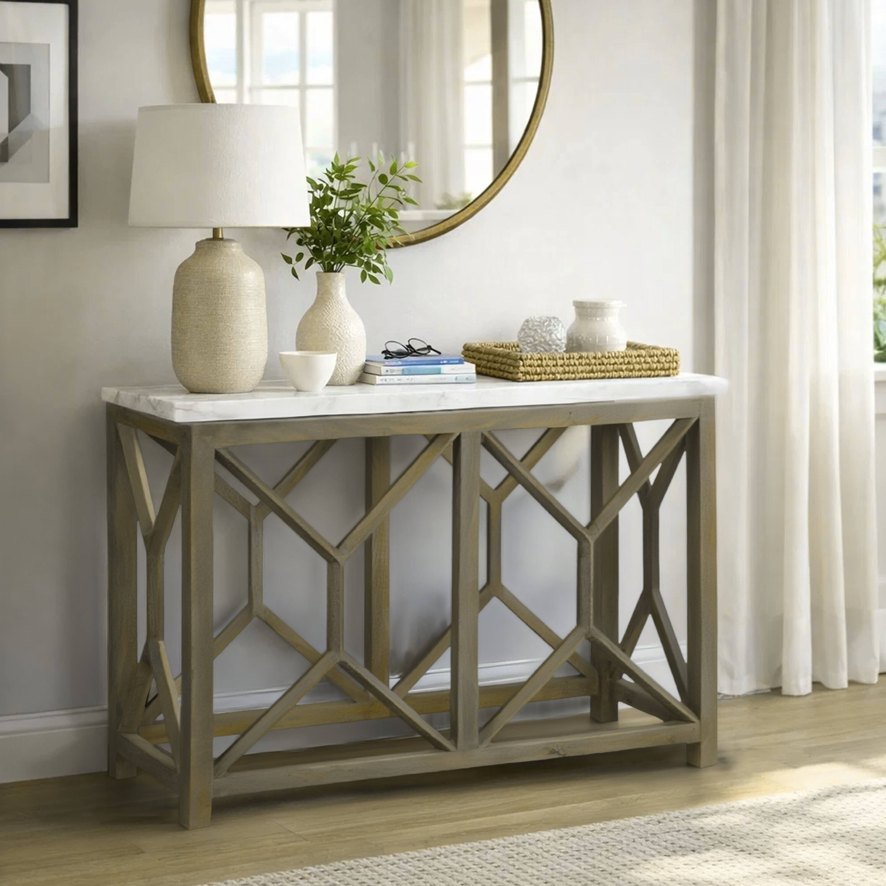 Alt View 9. Manhattan Lane - Agas 41 Inch Sofa Console Table, White Genuine Marble Top, Sandblasted Washed Ash Gray Mango Wood Geometric Frame - White, Ash Gray.