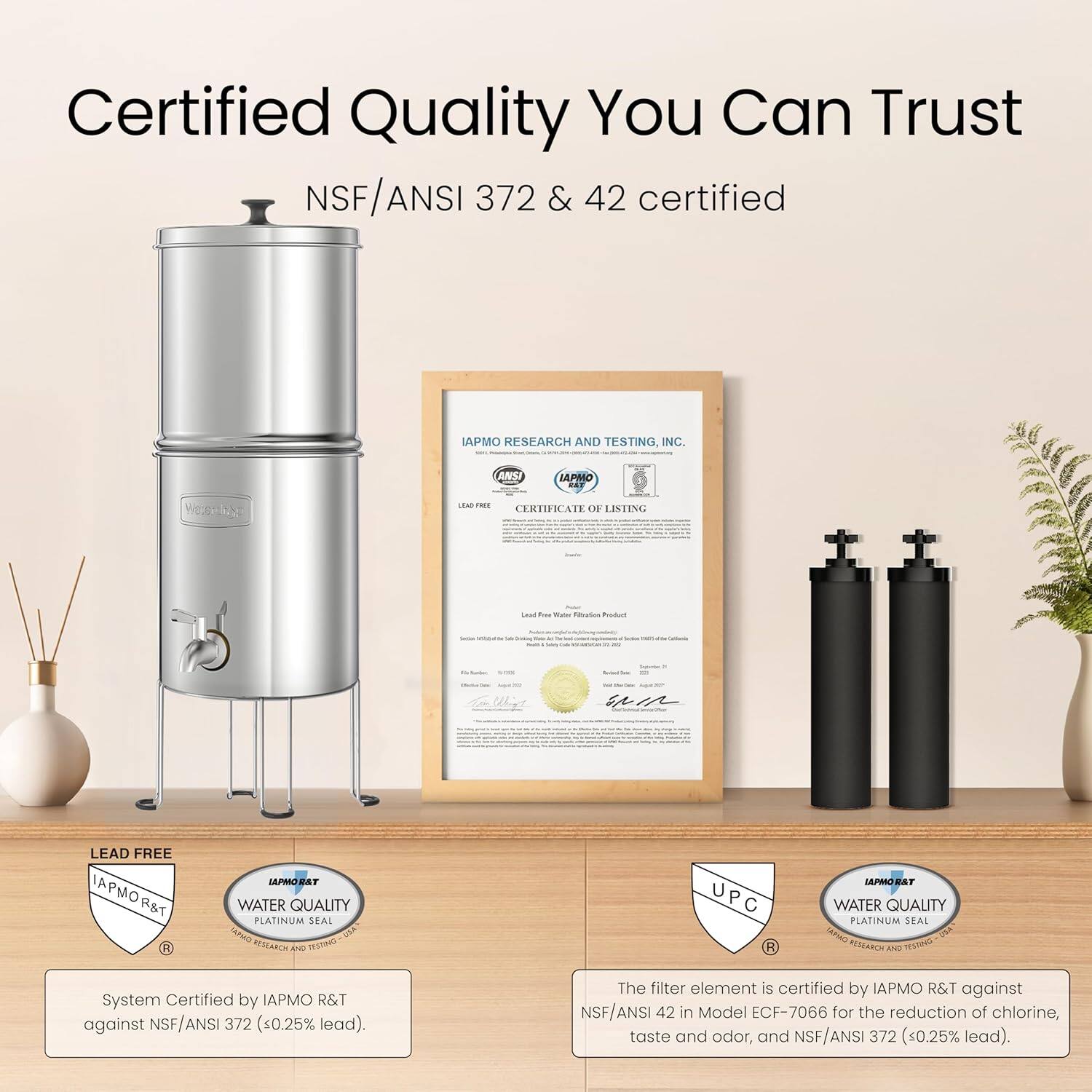 Certified Quality You Can Trust

NSF/ANSI 372 & 42 certified

System Certified by IAPMO R&T against NSF/ANSI 372 (≤0.25% lead).

The filter element is certified by IAPMO R&T against NSF/ANSI 42 in Model ECF-7066 for the reduction of chlorine, taste and odor, and NSF/ANSI 372 (≤0.25% lead).

LEAD FREE

IAPMO R&T
WATER QUALITY
PLATINUM SEAL

UPC

IAPMO R&T
WATER QUALITY
PLATINUM SEAL