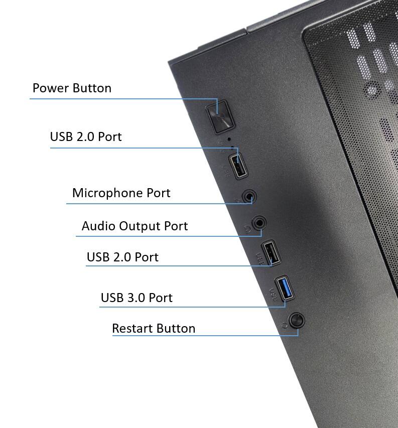 Power Button  
USB 2.0 Port  
Microphone Port  
Audio Output Port  
USB 2.0 Port  
USB 3.0 Port  
Restart Button