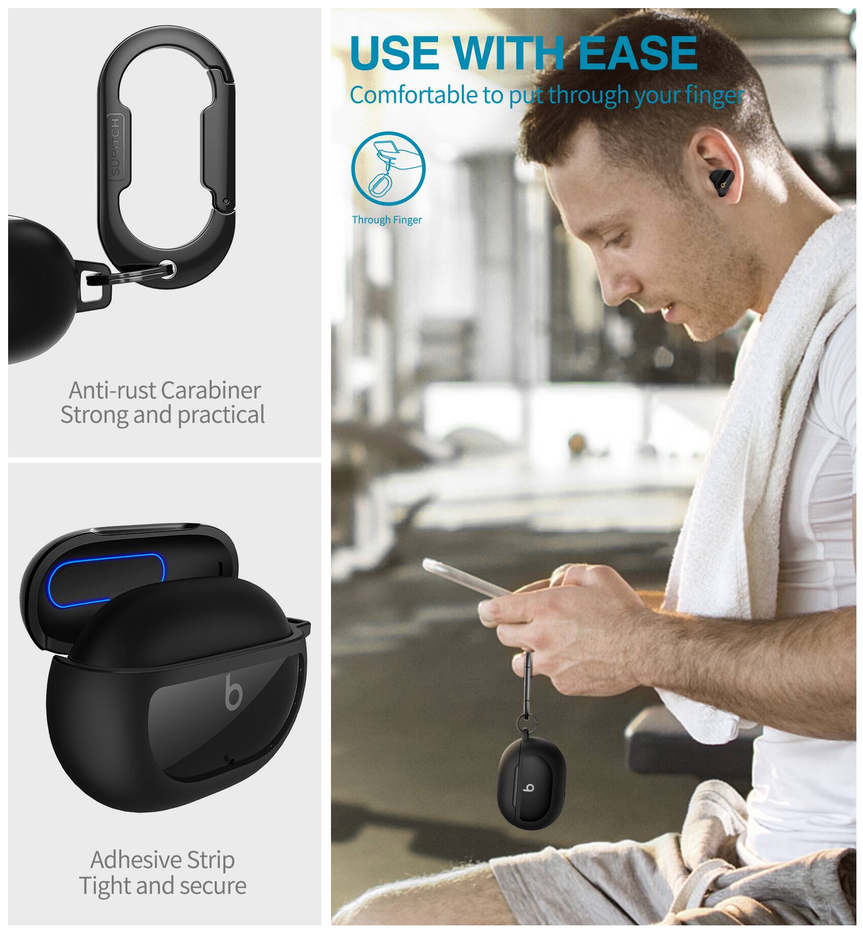 SUBITCH USE WITH EASE  
Comfortable to put through your finger  
Through Finger  
Anti-rust Carabiner  
Strong and practical  
Adhesive Strip  
Tight and secure
