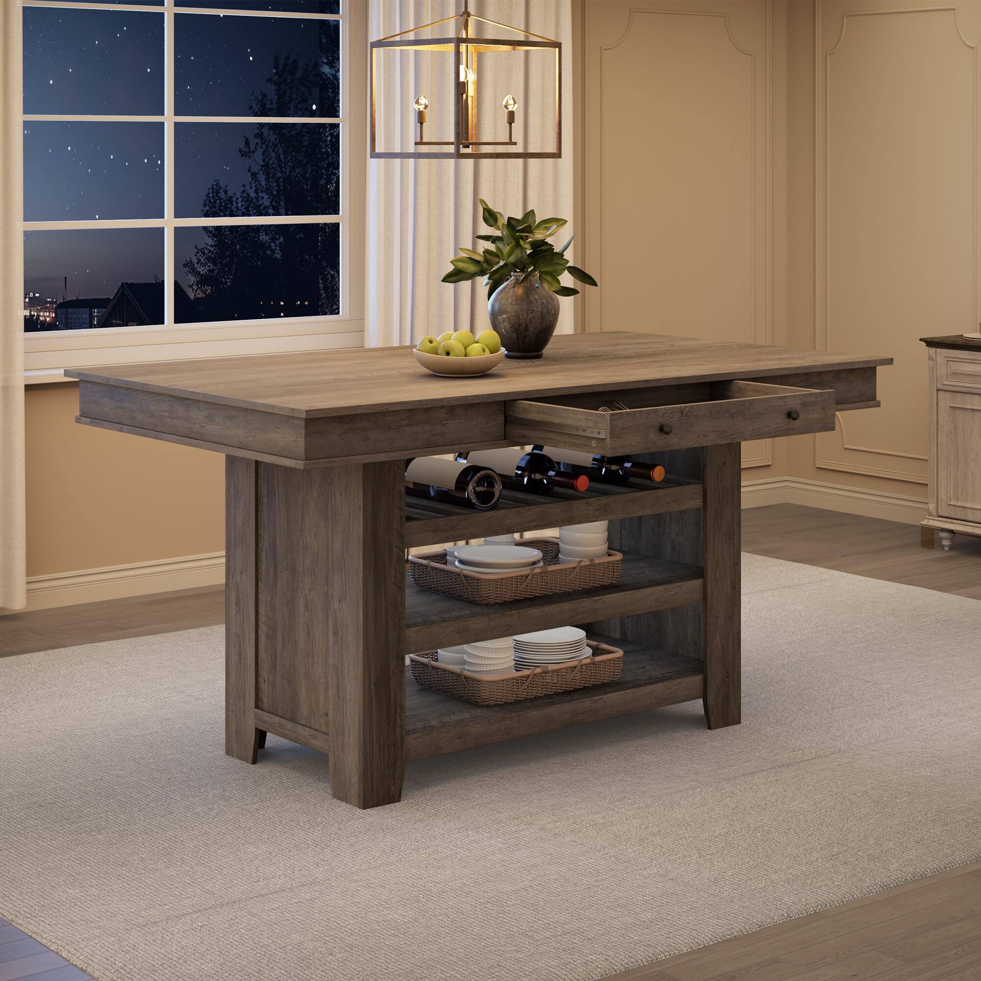 Back. Jojoka - 60" Counter Height Dining Table for 4, Farmhouse Rectangular Bar Height Table w/Wine Rack & Shelves - Gray.