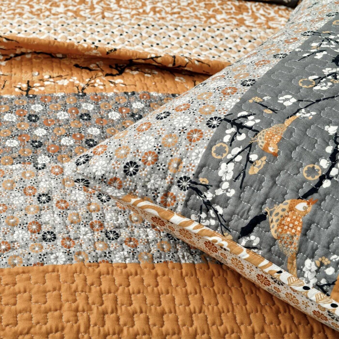 Back. Hivvago - Full/Queen Size Orange Grey Floral Birds Reversible 3 Piece Quilt Set - Orange Grey.