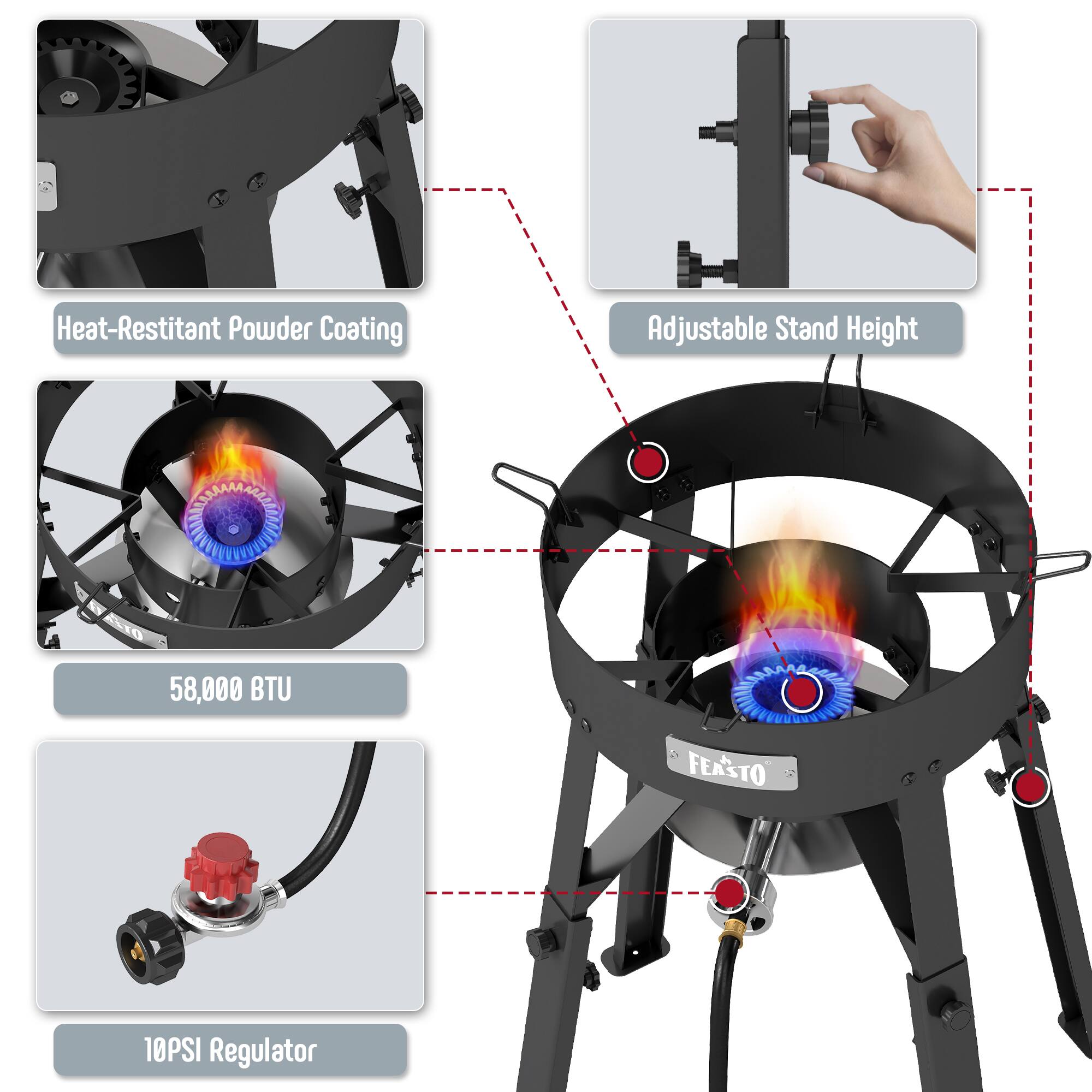 Heat-Resistant Powder Coating  
Adjustable Stand Height  
58,000 BTU  
10PSI Regulator
