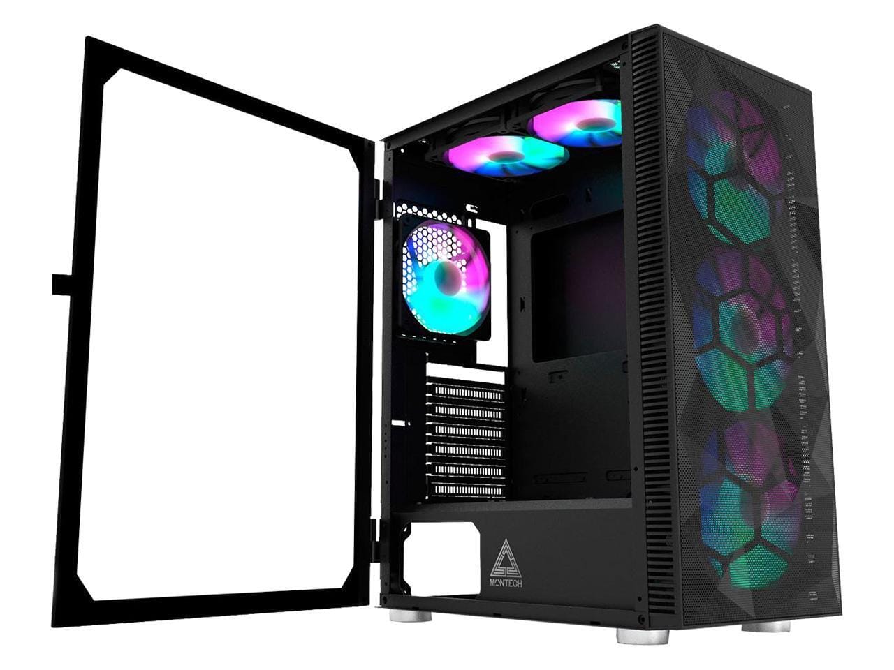 Montech - X3 Mesh, 3x140mm & 3x120mm RGB Fans, ATX Mid-Tower Gaming Case, Tempered Glass, USB3.0, Black - Black
