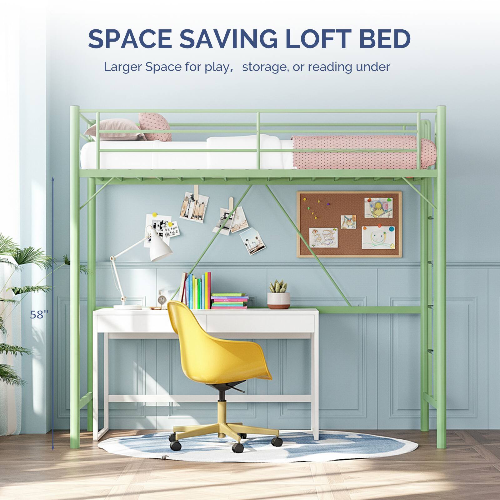 SPACE SAVING LOFT BED  
Larger Space for play, storage, or reading under 58"